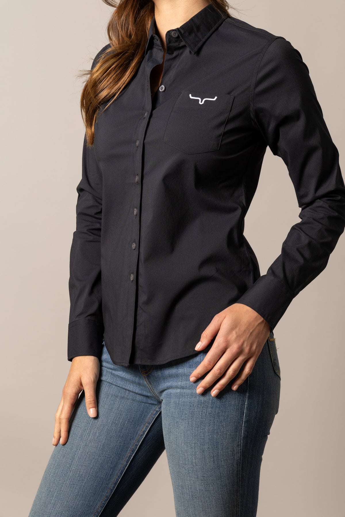 Kimes Ranch Ladies KR Team Shirt in Black with a chest pocket and white logo