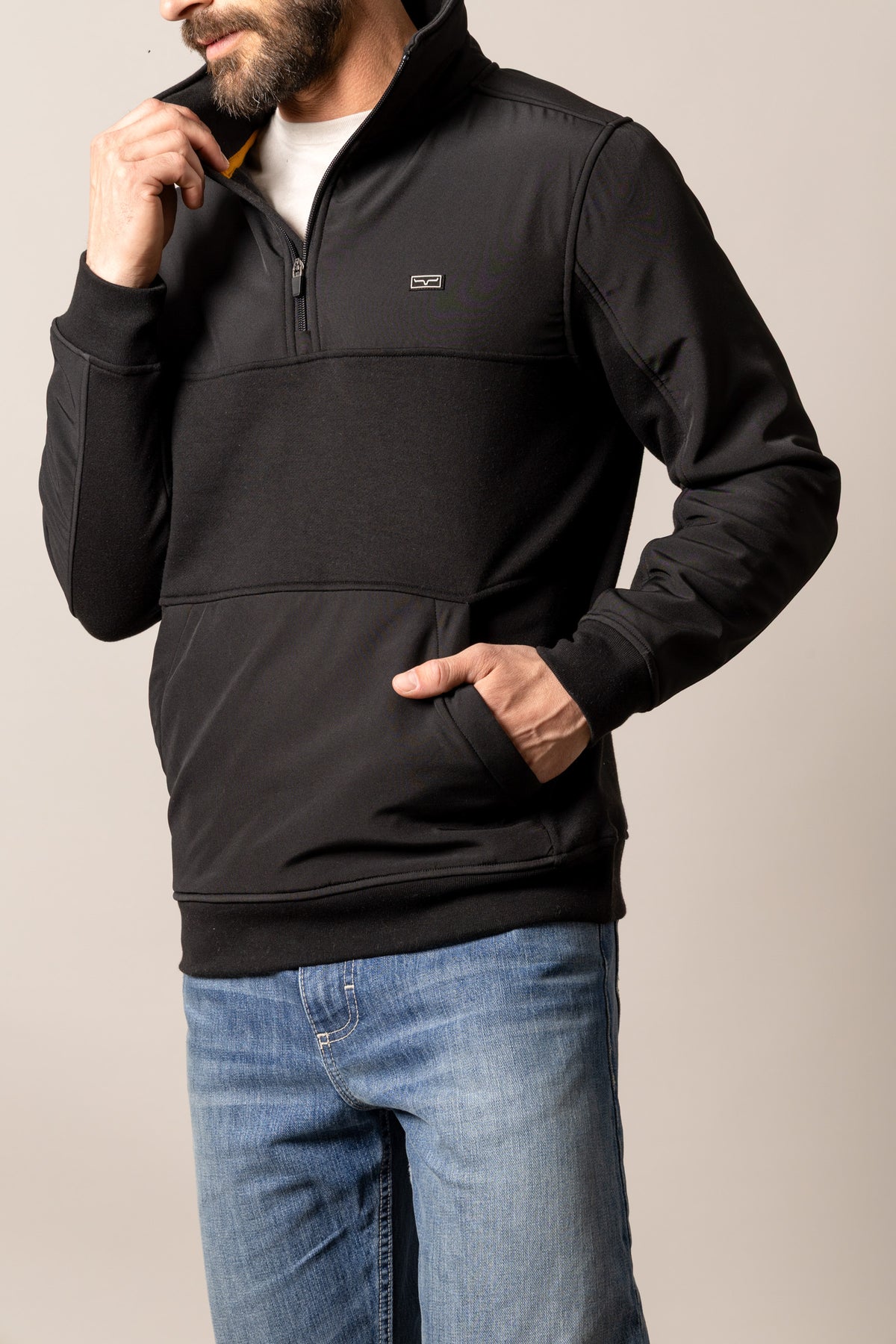 Kimes Ranch La Rue Black sweatshirt with a half-zip collar and front pockets