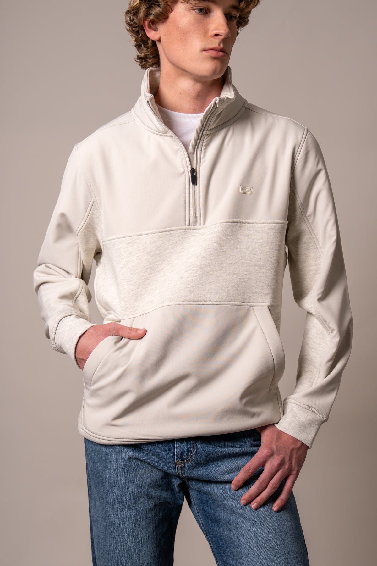 Kimes Ranch La Rue sweatshirt in Natural with a half-zip collar and front kangaroo pocket