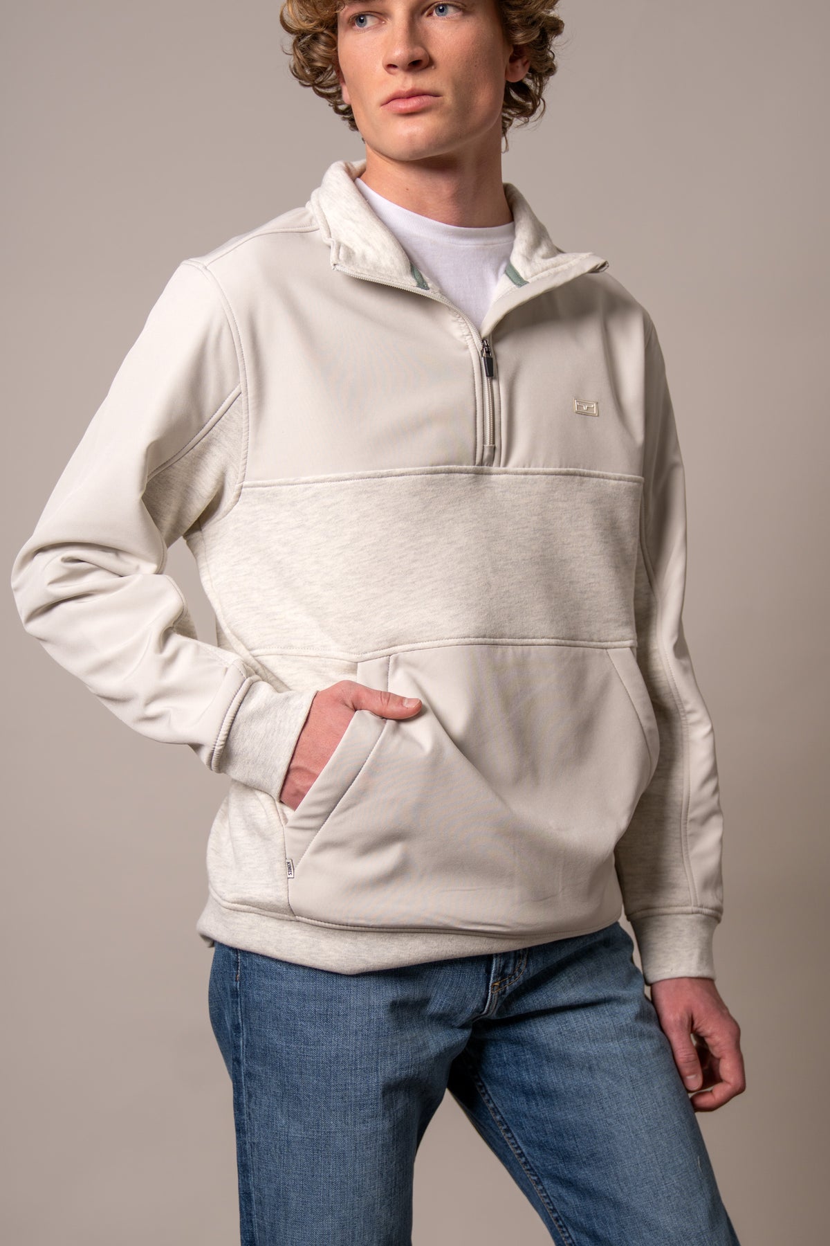 Kimes Ranch La Rue sweatshirt in Natural with a half-zip collar and front kangaroo pocket