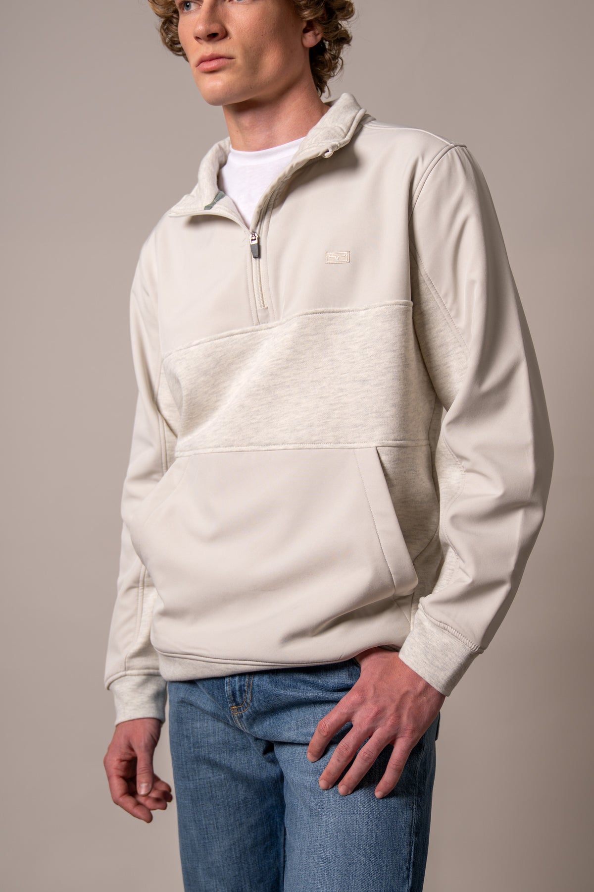 Kimes Ranch La Rue sweatshirt in Natural with a half-zip collar and colorblocked panels