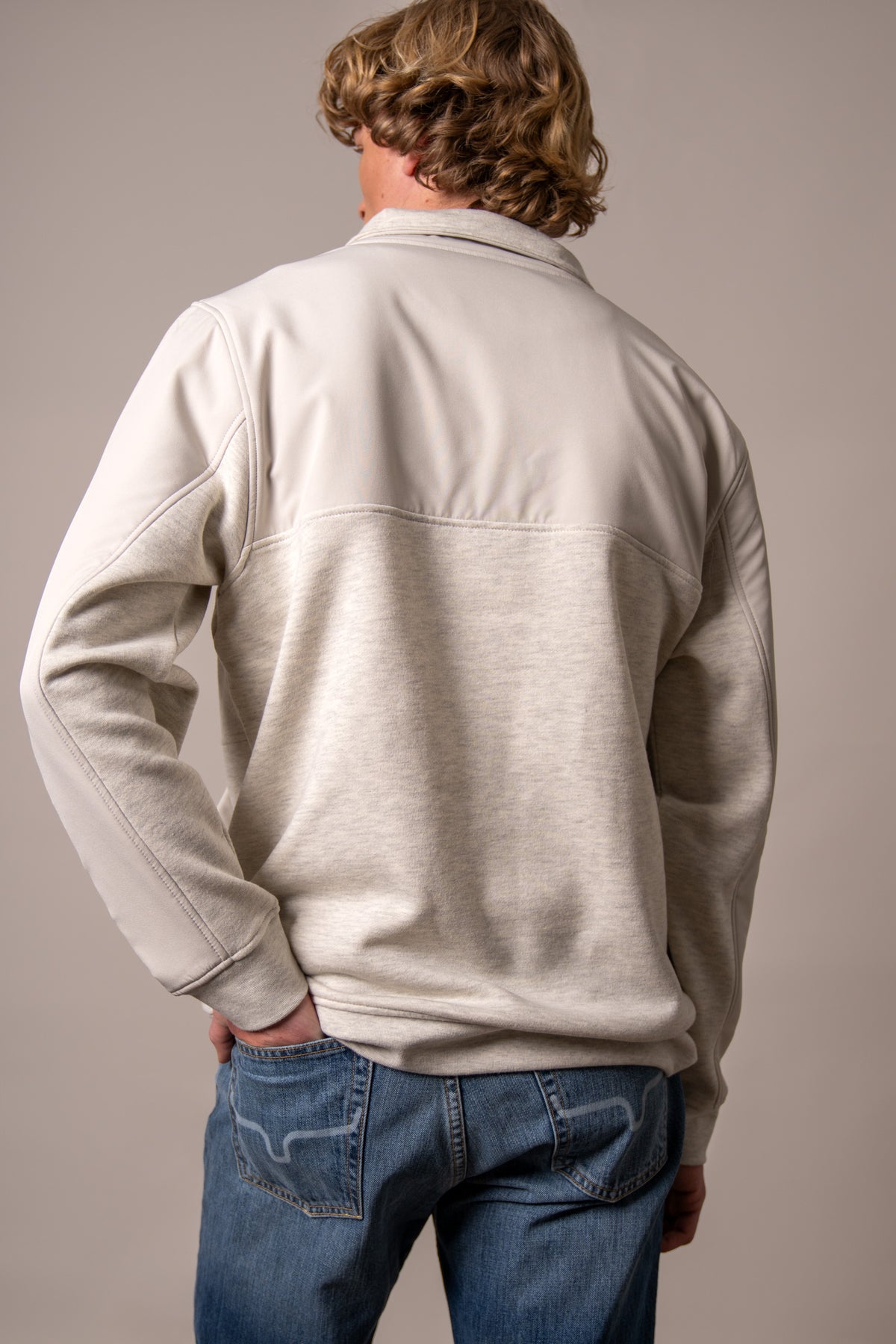 Kimes Ranch La Rue sweatshirt in Natural, back view, with a colorblock back yoke and long sleeves