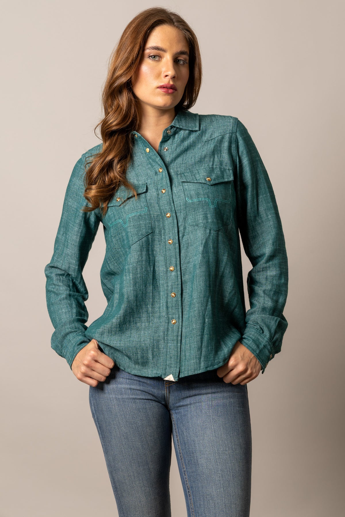 Kimes Ranch Lacy long sleeve top in Dark Teal with contrast stitching and two chest pockets