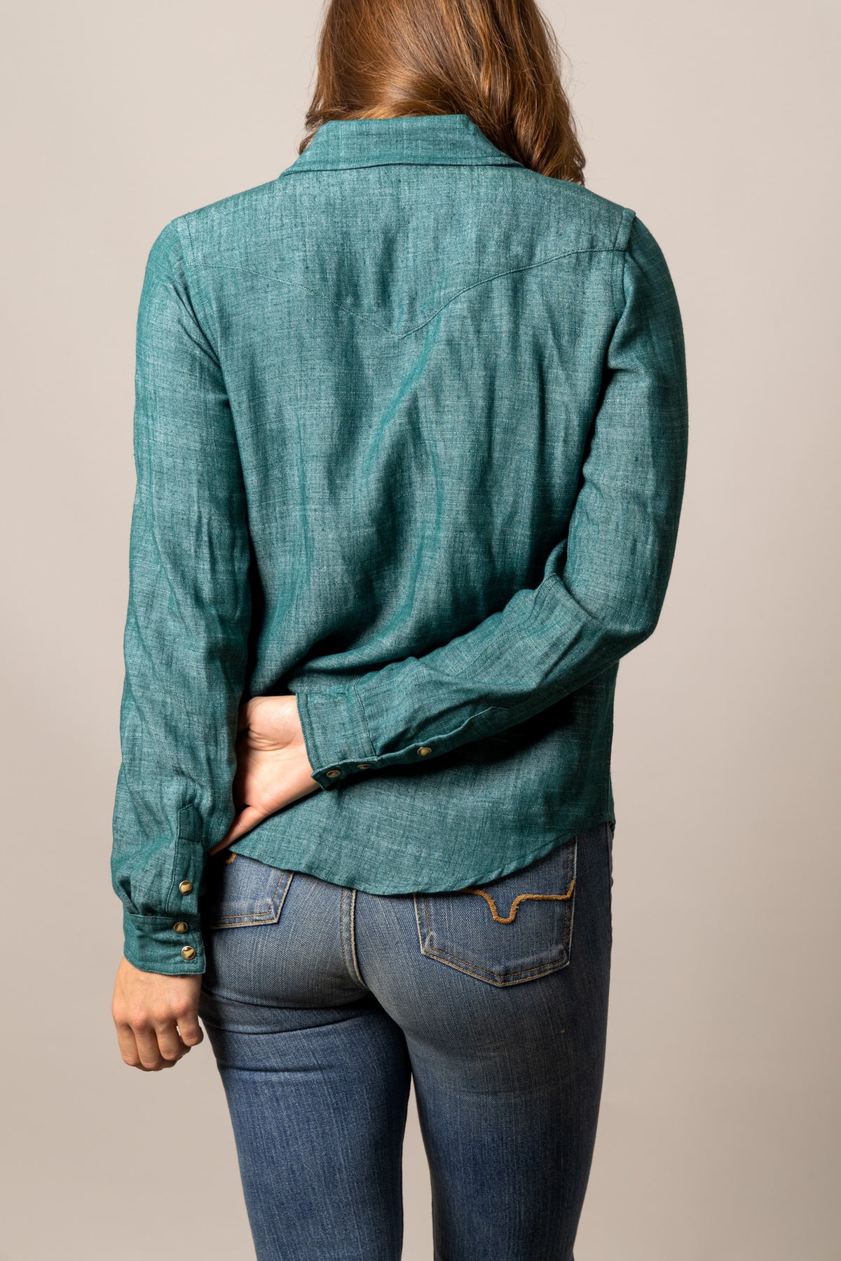 Kimes Ranch Lacy top in Dark Teal, back view, with a back yoke and long sleeves