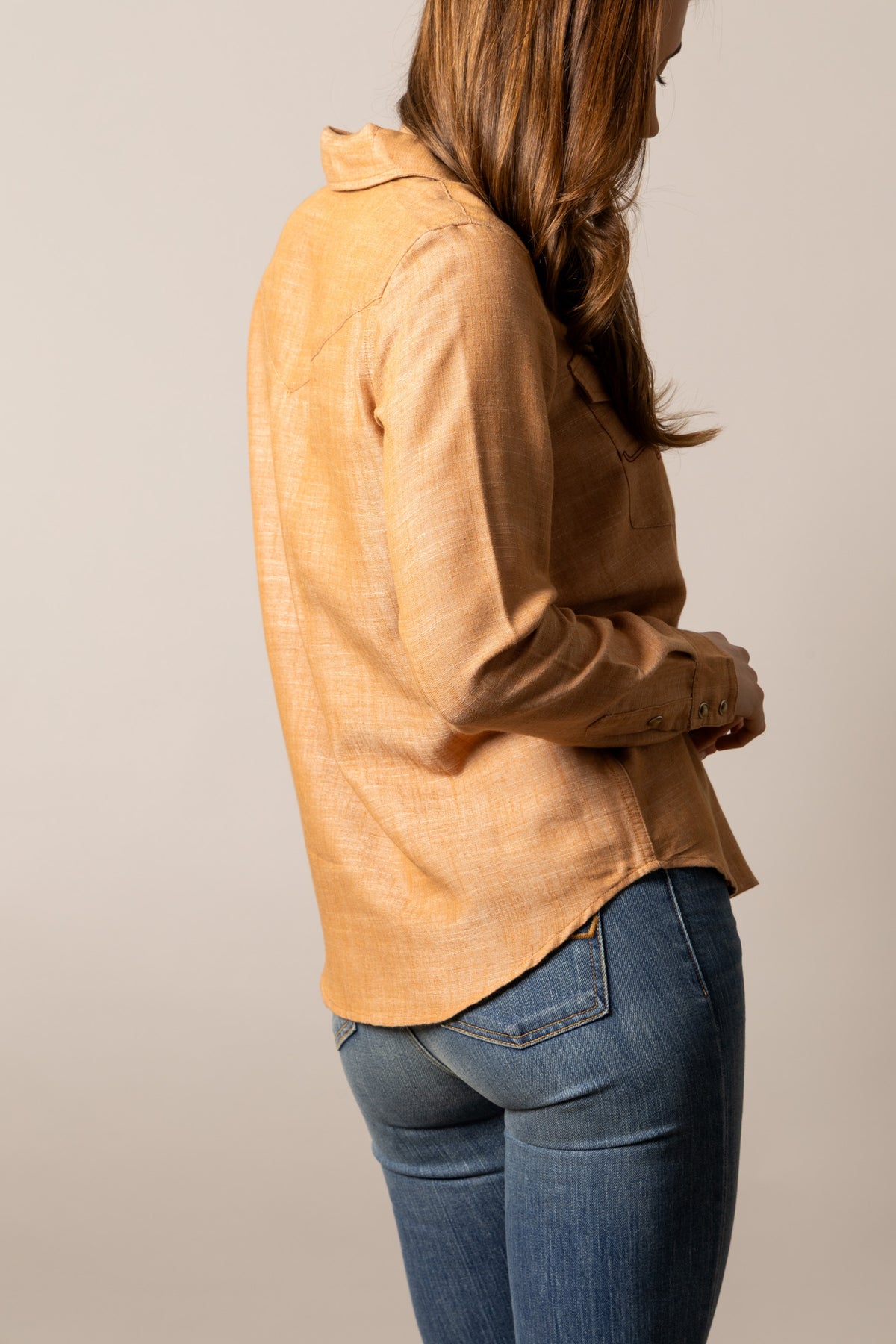 Kimes Ranch Lacy top in Tobacco, side view, with long sleeves and a curved hem
