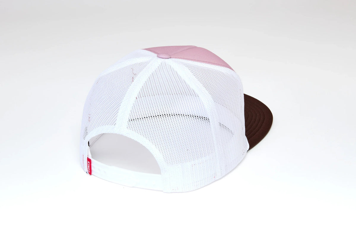Kimes Ranch Landscape hat in Lavender, back view, with white mesh back and brown brim