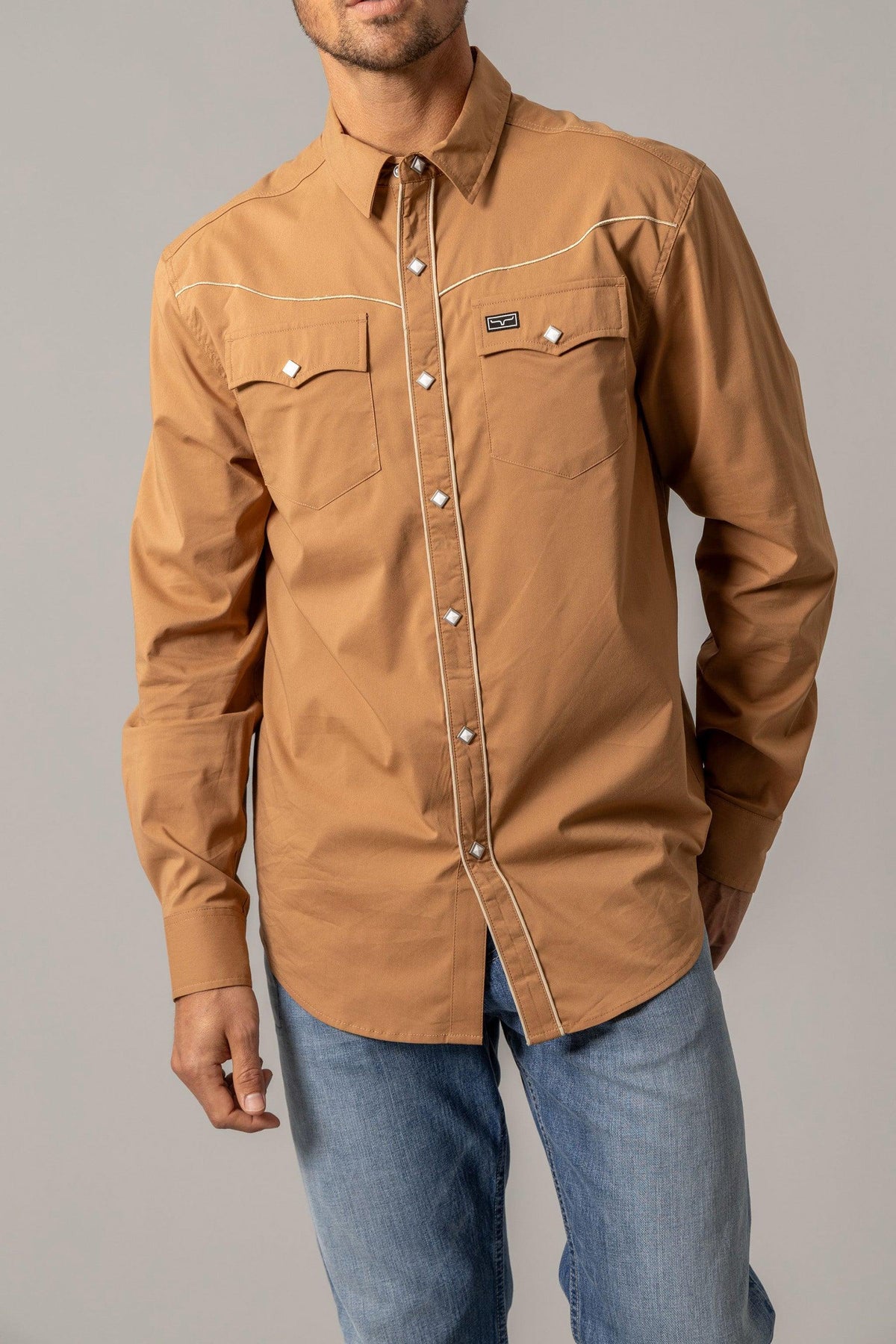 Kimes Ranch Laneboro dress shirt in Work Wear Brown with contrast stitching and two chest pockets