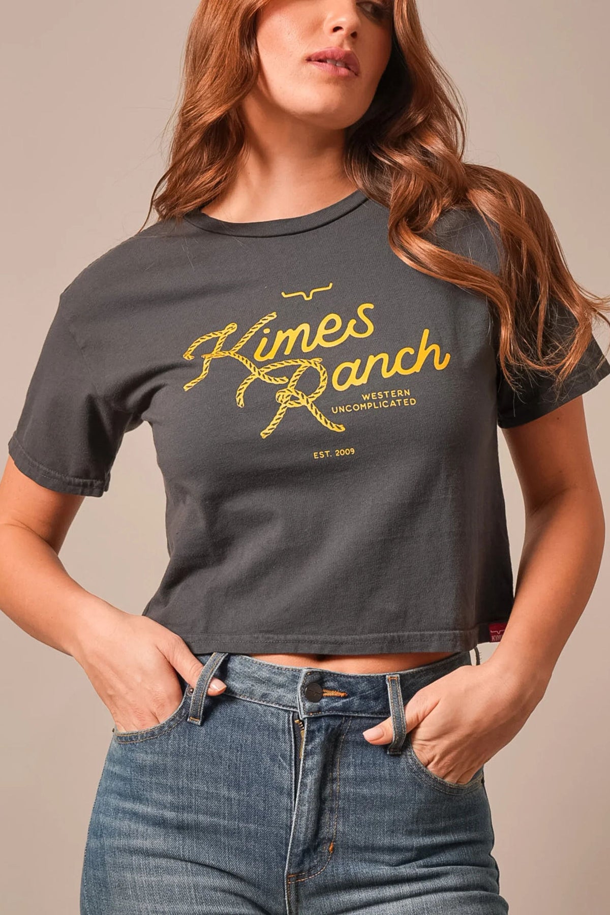 Kimes Ranch Lasso Script shirt in Graphite with a yellow rope script graphic and Western Uncomplicated text