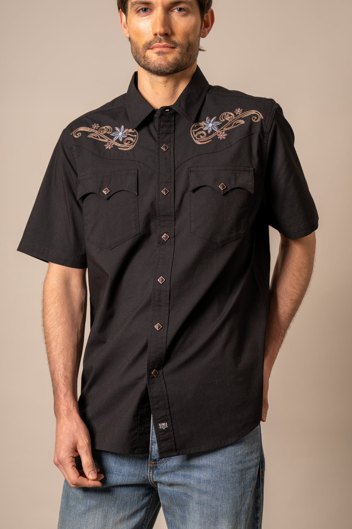 Kimes Ranch Leland Black short sleeve dress shirt with embroidered floral yoke and diamond buttons