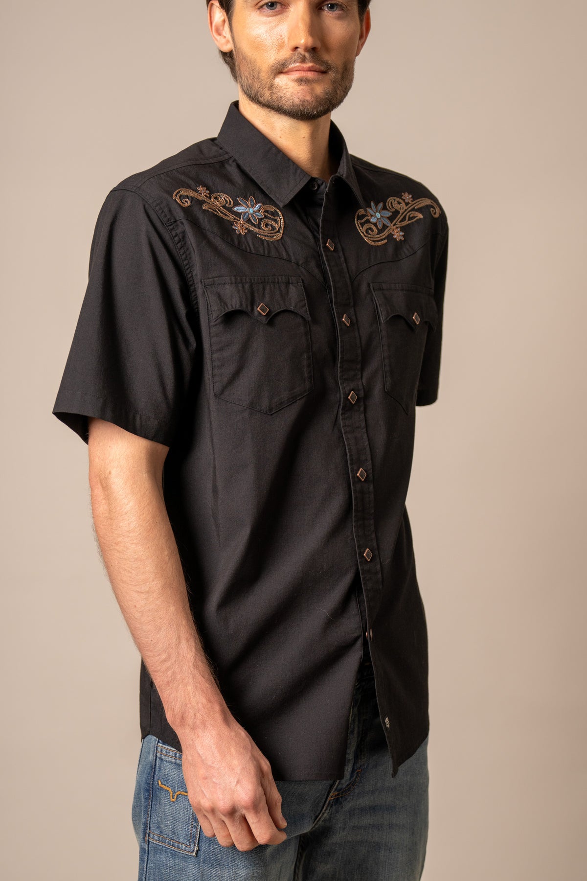 Kimes Ranch Leland Black short sleeve dress shirt with embroidered floral yoke and two chest pockets