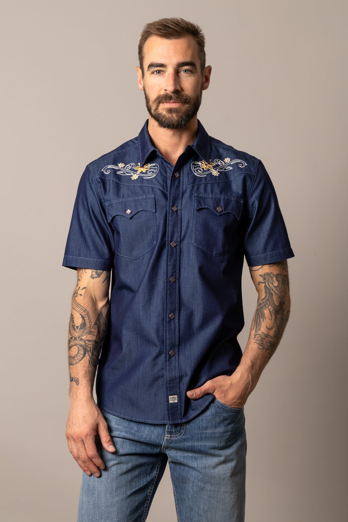 Kimes Ranch Leland Indigo short sleeve dress shirt with embroidered yoke and two chest pockets