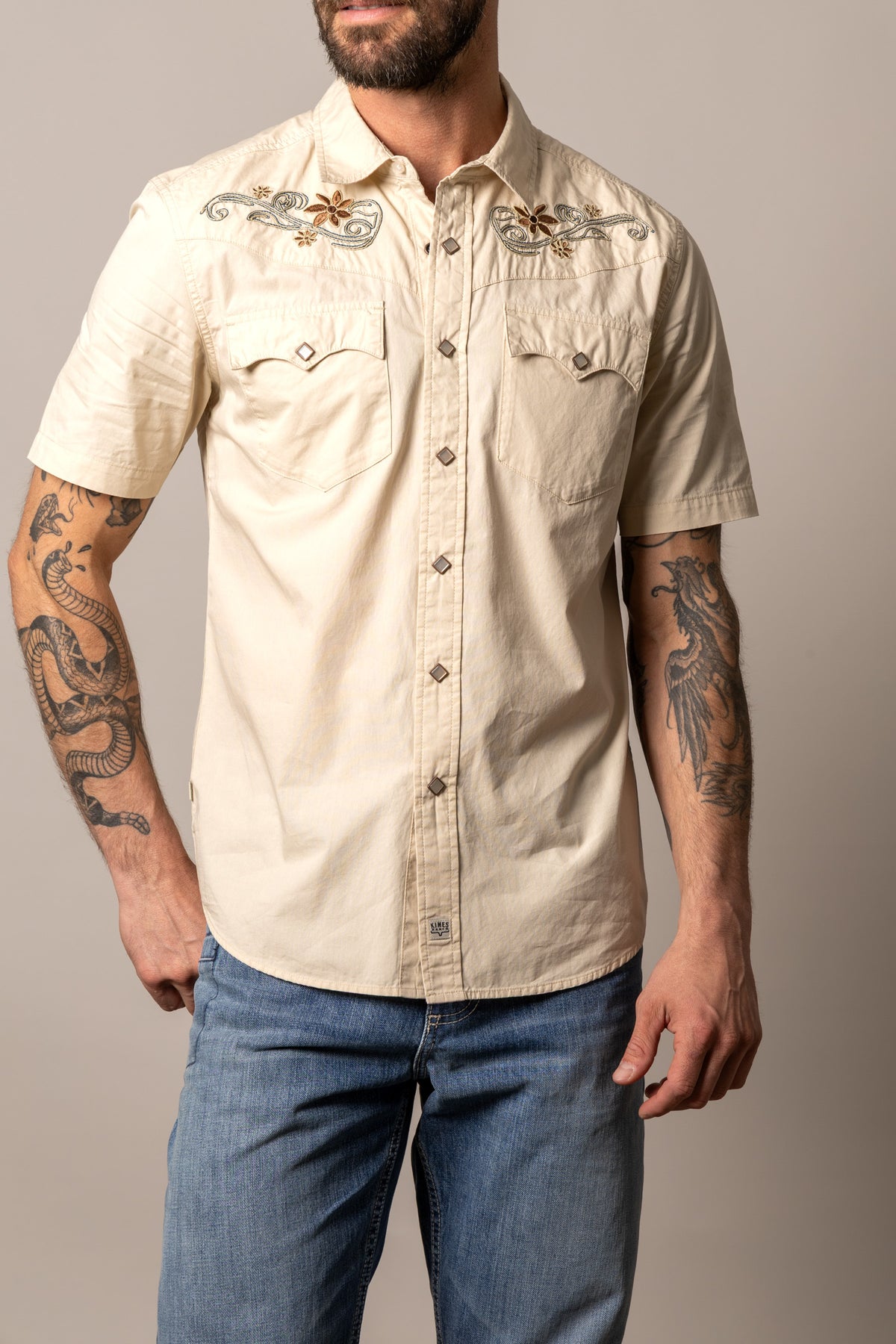 Kimes Ranch Leland short sleeve dress shirt in Natural with embroidered floral yoke and two chest pockets
