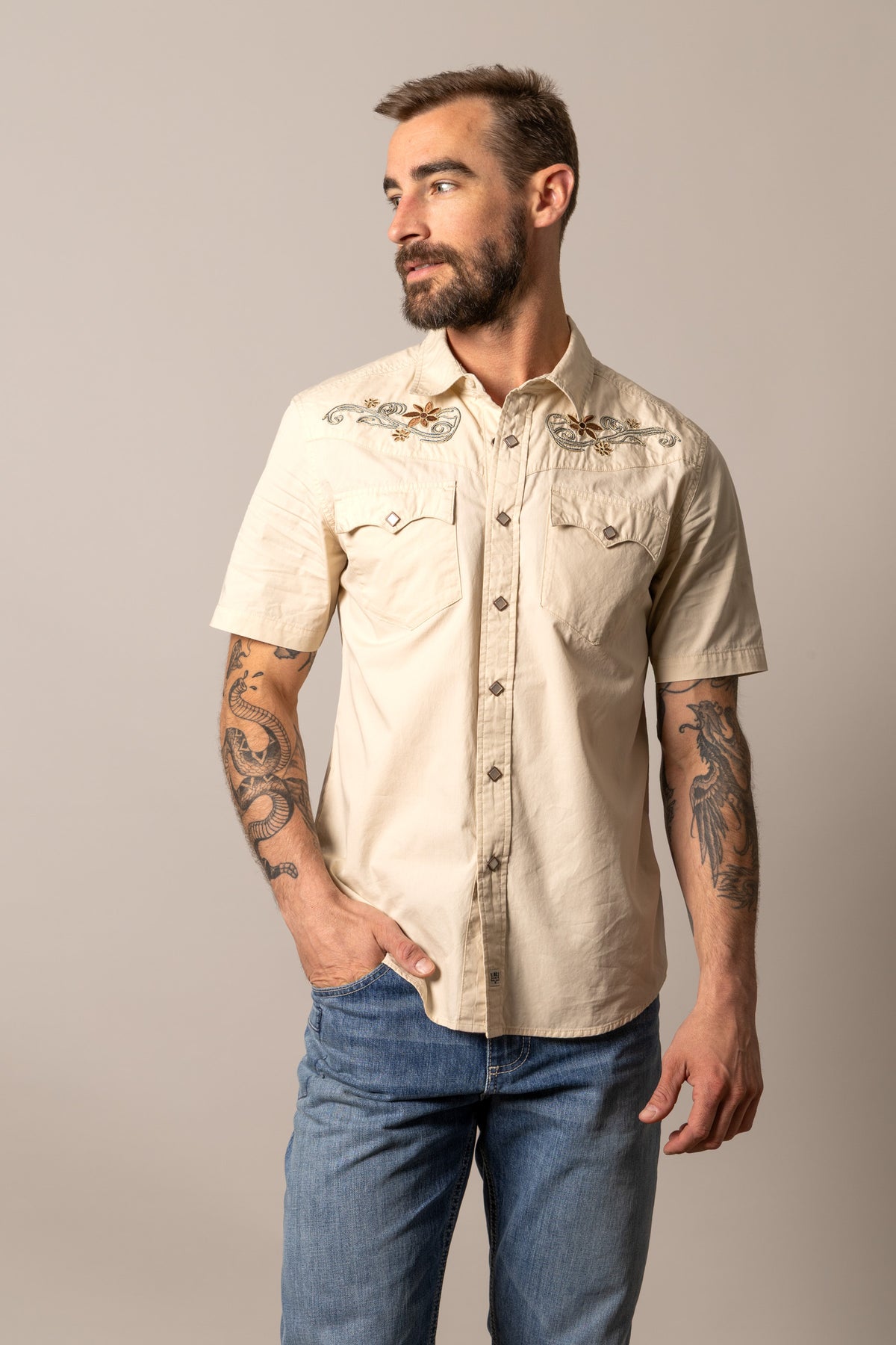 Kimes Ranch Leland short sleeve dress shirt in Natural with embroidered yoke and two chest pockets