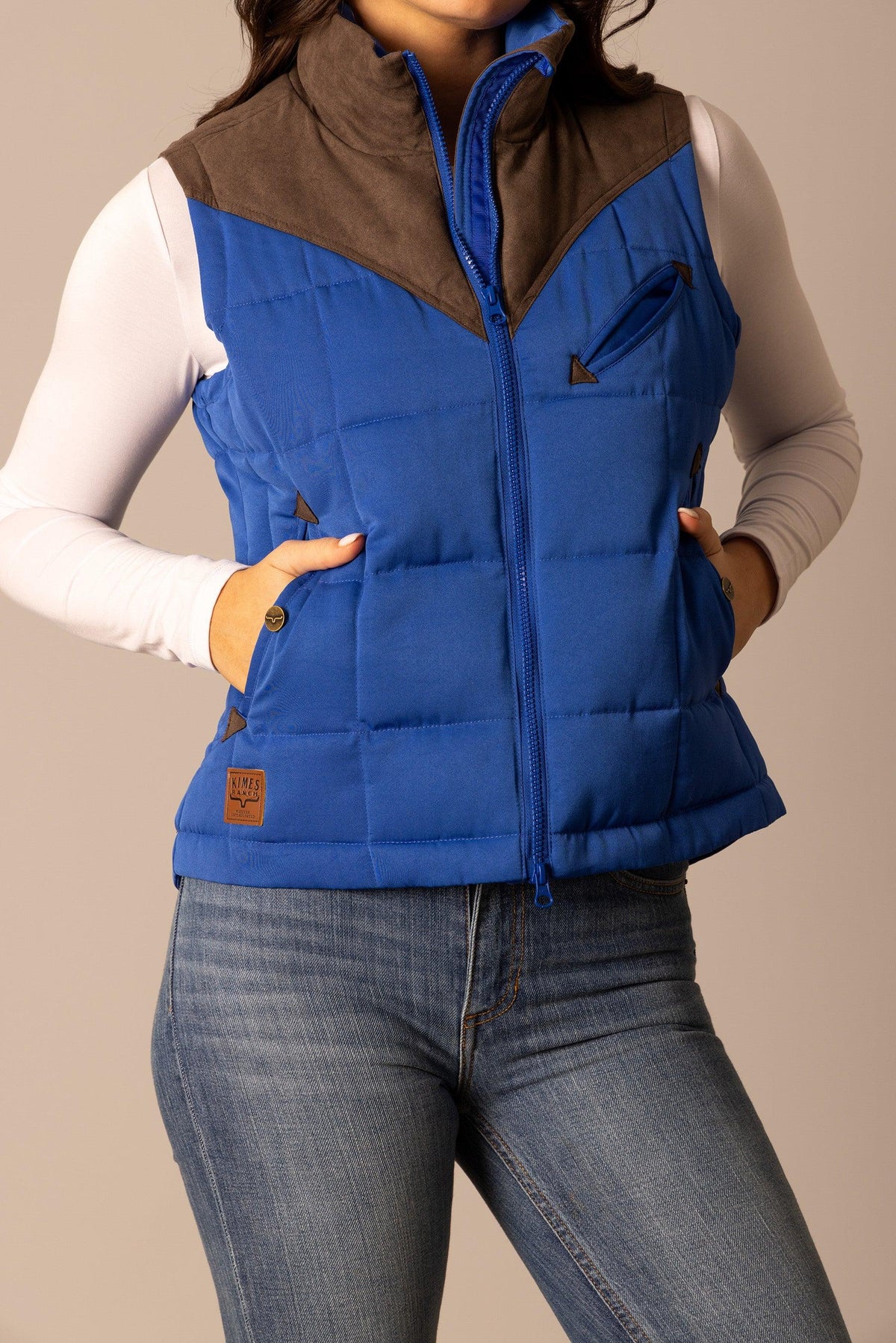 Kimes Ranch Lenora Vest in Blue with brown yoke and front pockets