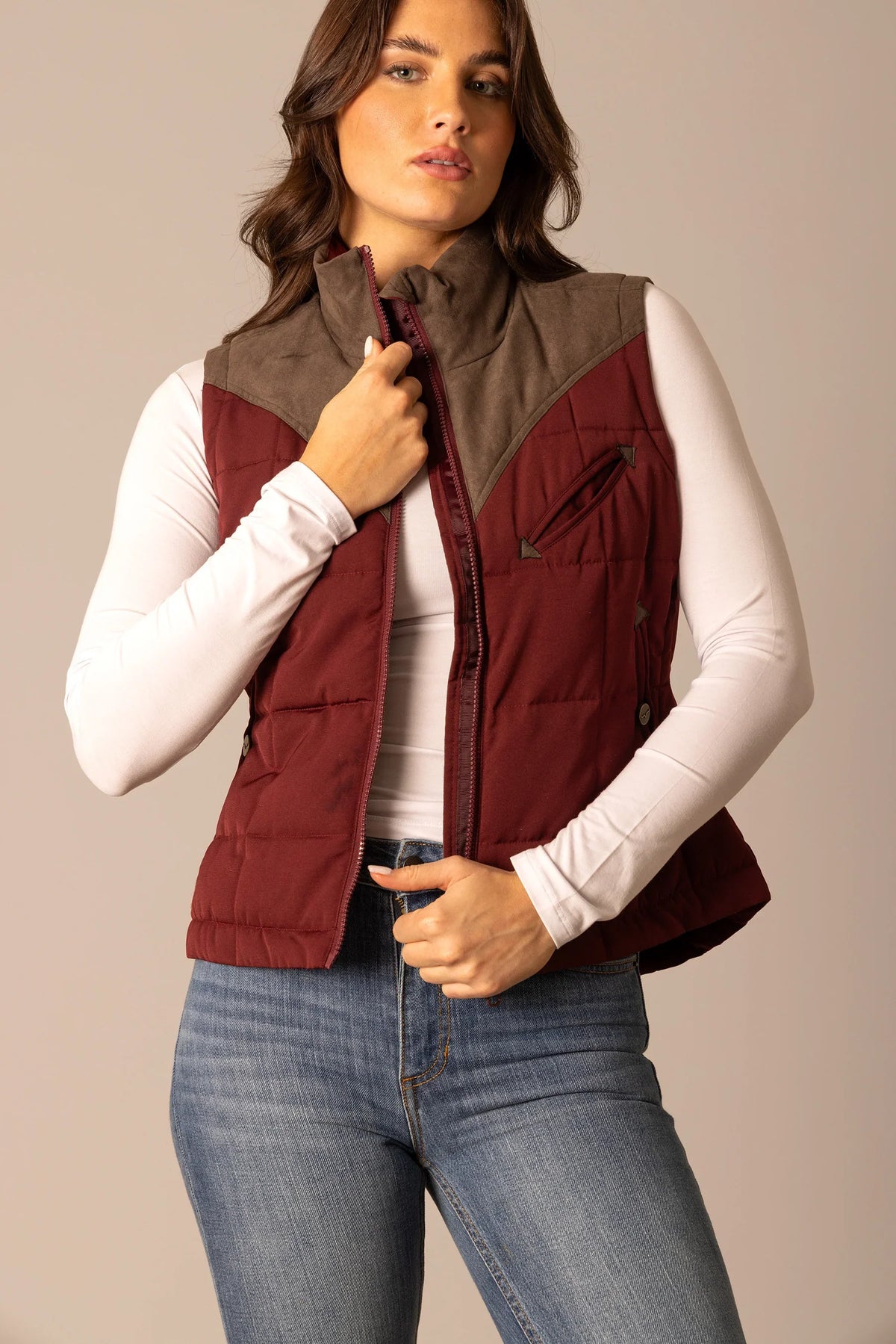 Kimes Ranch Lenora Vest in Maroon with a brown collar and front zip closure