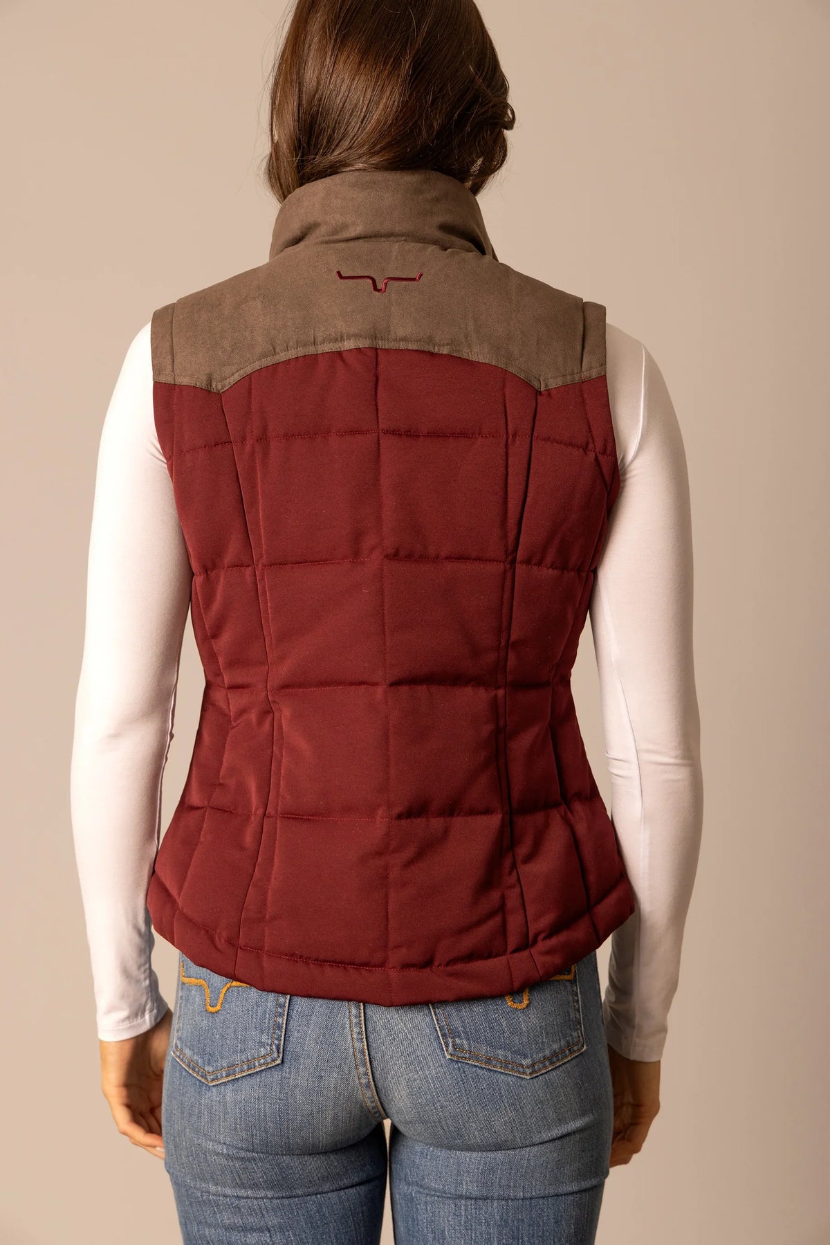 Kimes Ranch Lenora Vest in Maroon, back view, with a brown yoke and Kimes Ranch logo