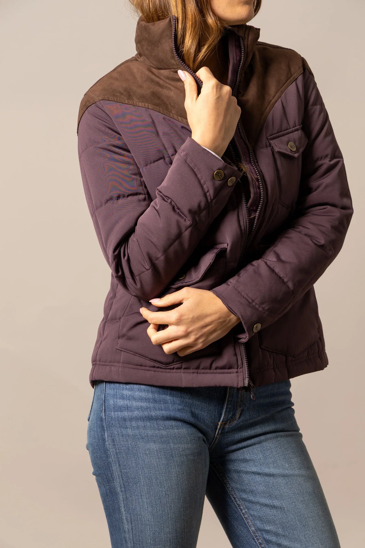 Kimes Ranch Lenora Jacket in Plum, side view, with quilted body, snap cuffs, and brown yoke