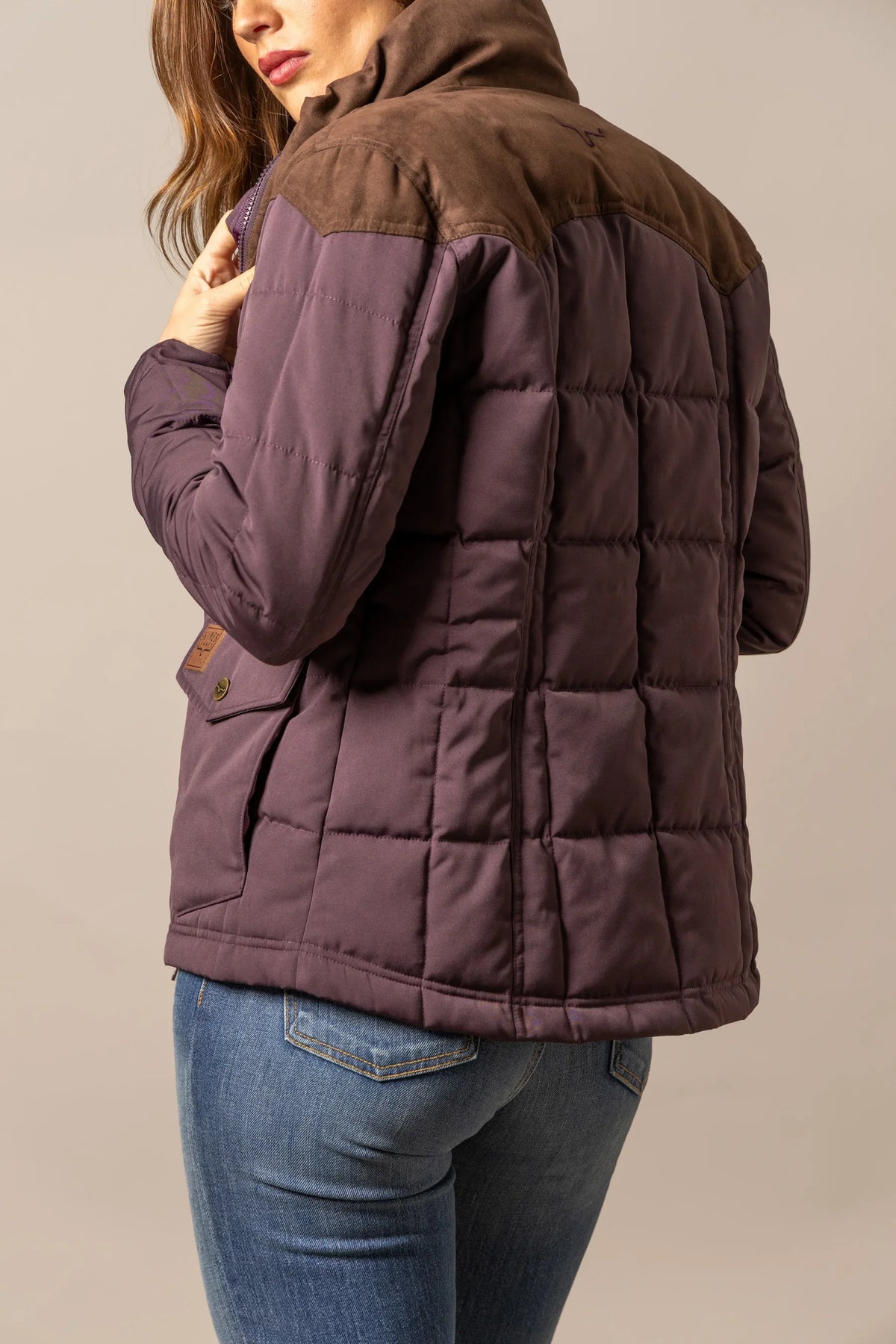 Kimes Ranch Lenora Jacket in Plum, side view, with quilted body and contrasting brown hood