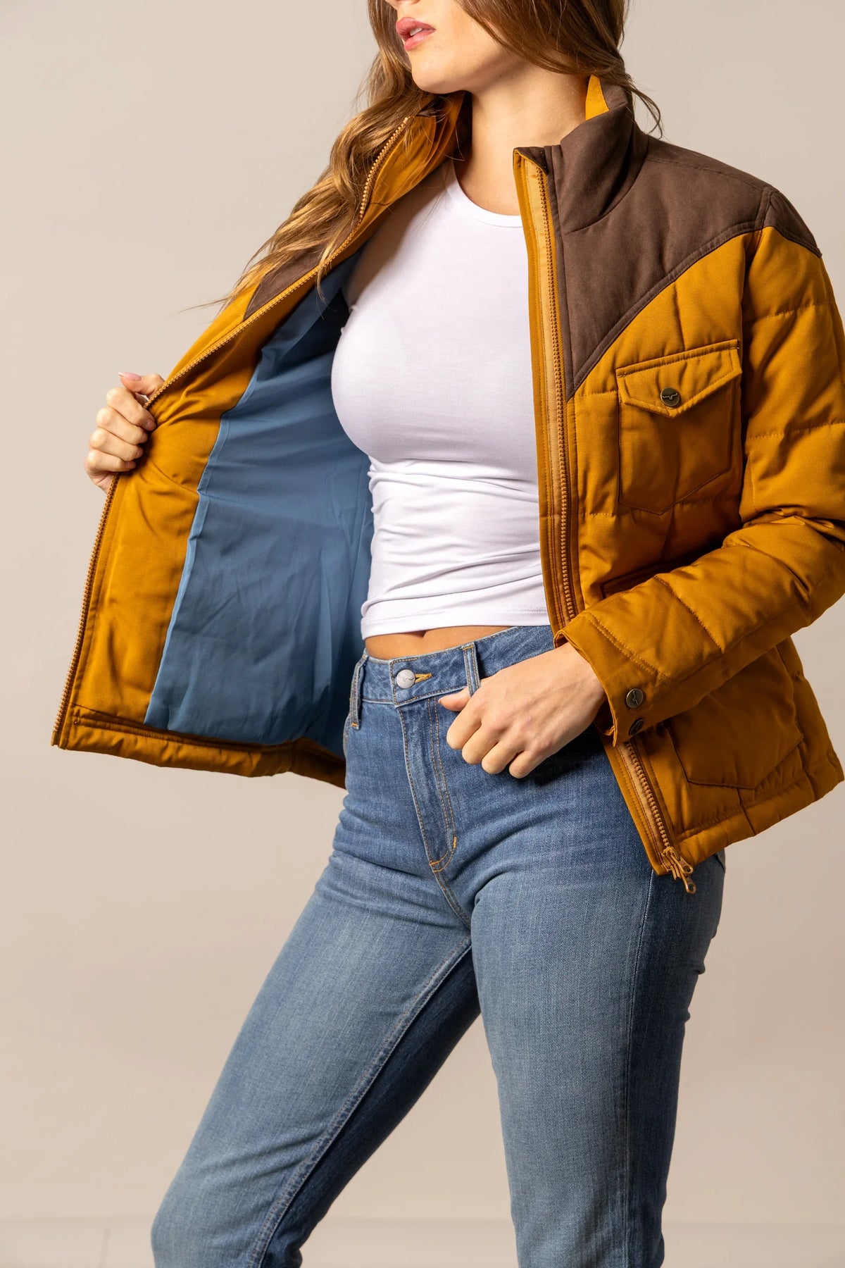 Kimes Ranch Lenora Jacket in Work Wear Brown with quilted body and snap pockets