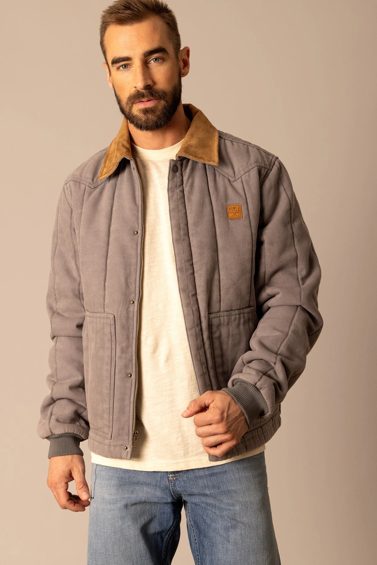 Kimes Ranch Lewiston Jacket in Grey with a tan collar and front pockets