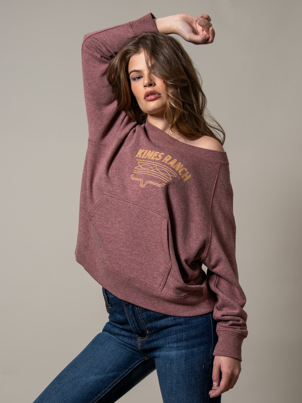 Kimes Ranch Lexie sweatshirt in Maroon with an off-the-shoulder neckline and a front kangaroo pocket