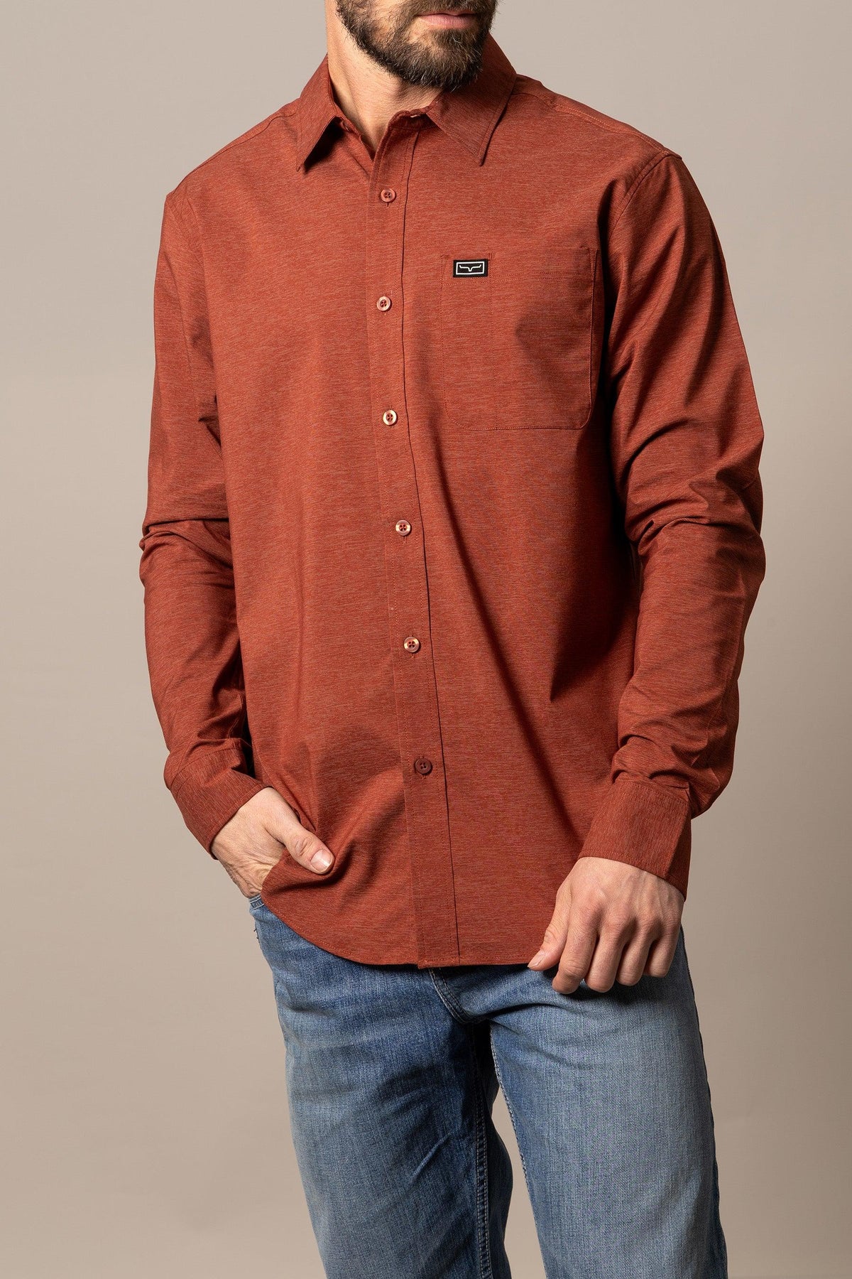 Kimes Ranch Linville Long Sleeve Dress Shirt in Dark Red with a chest pocket and logo