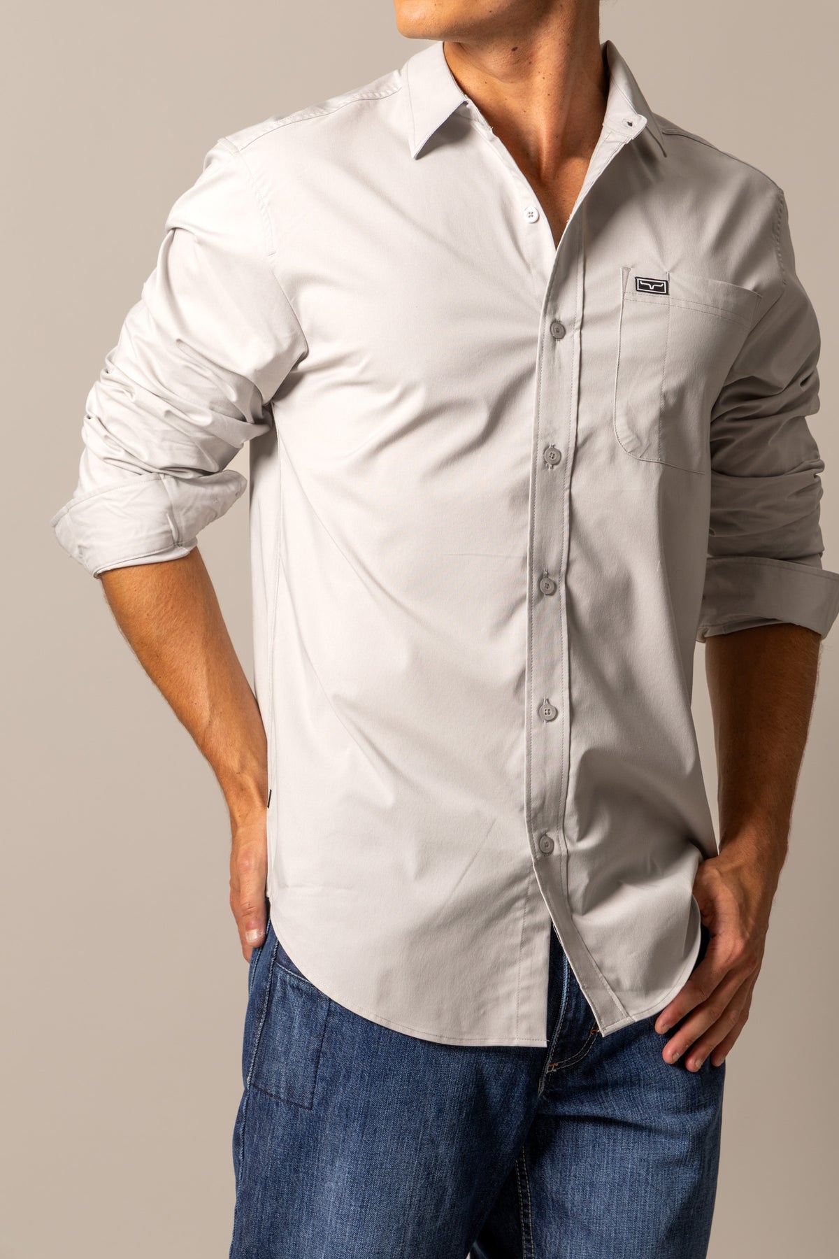 Kimes Ranch Linville Long Sleeve Dress Shirt in Silver White with a chest pocket and rolled sleeves