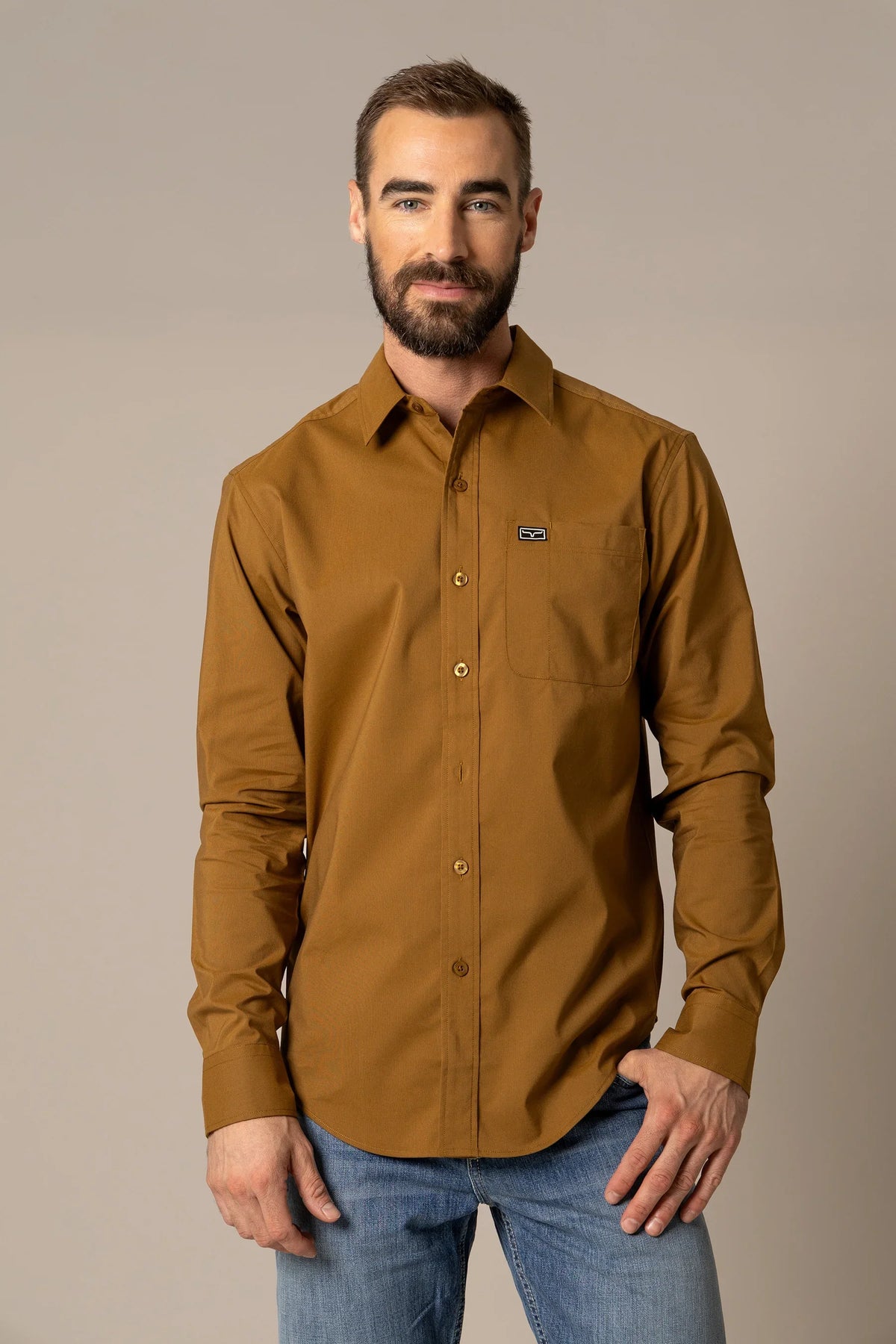 Kimes Ranch Linville Long Sleeve Dress Shirt in Work Wear Brown with a chest pocket and logo patch