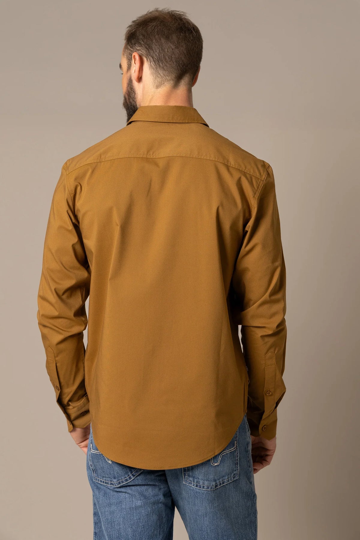 Kimes Ranch Linville Long Sleeve Dress Shirt in Work Wear Brown, back view, with a back yoke and long sleeves