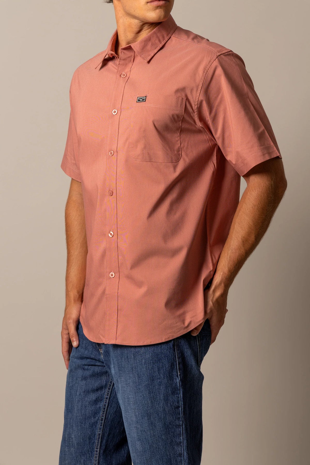 Kimes Ranch Linville Short Sleeve Dress Shirt in Red with a chest pocket and logo patch