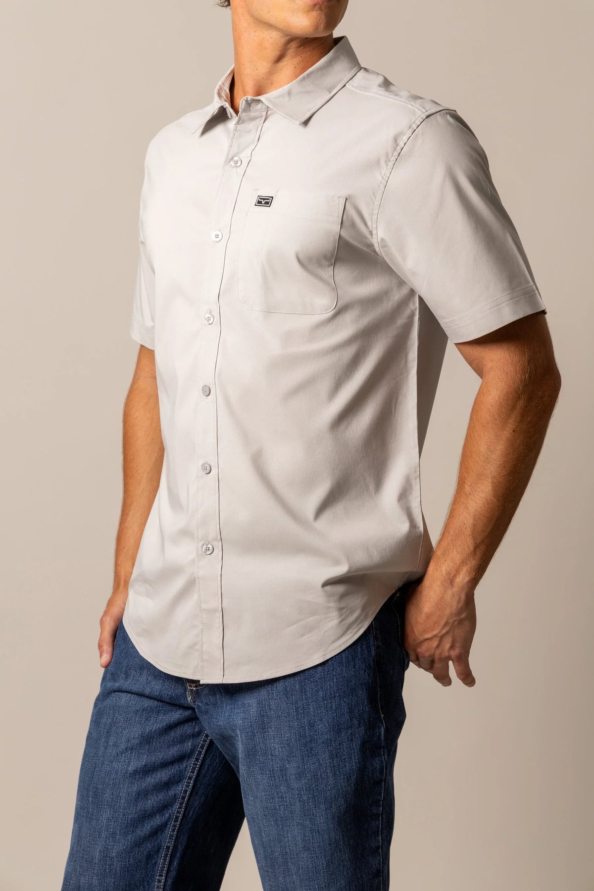 Kimes Ranch Linville Short Sleeve Dress Shirt in Silver White with a chest pocket and logo