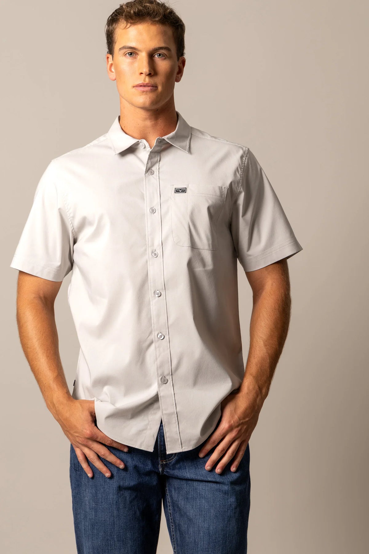 Kimes Ranch Linville Short Sleeve Dress Shirt in Silver White with a chest pocket and logo