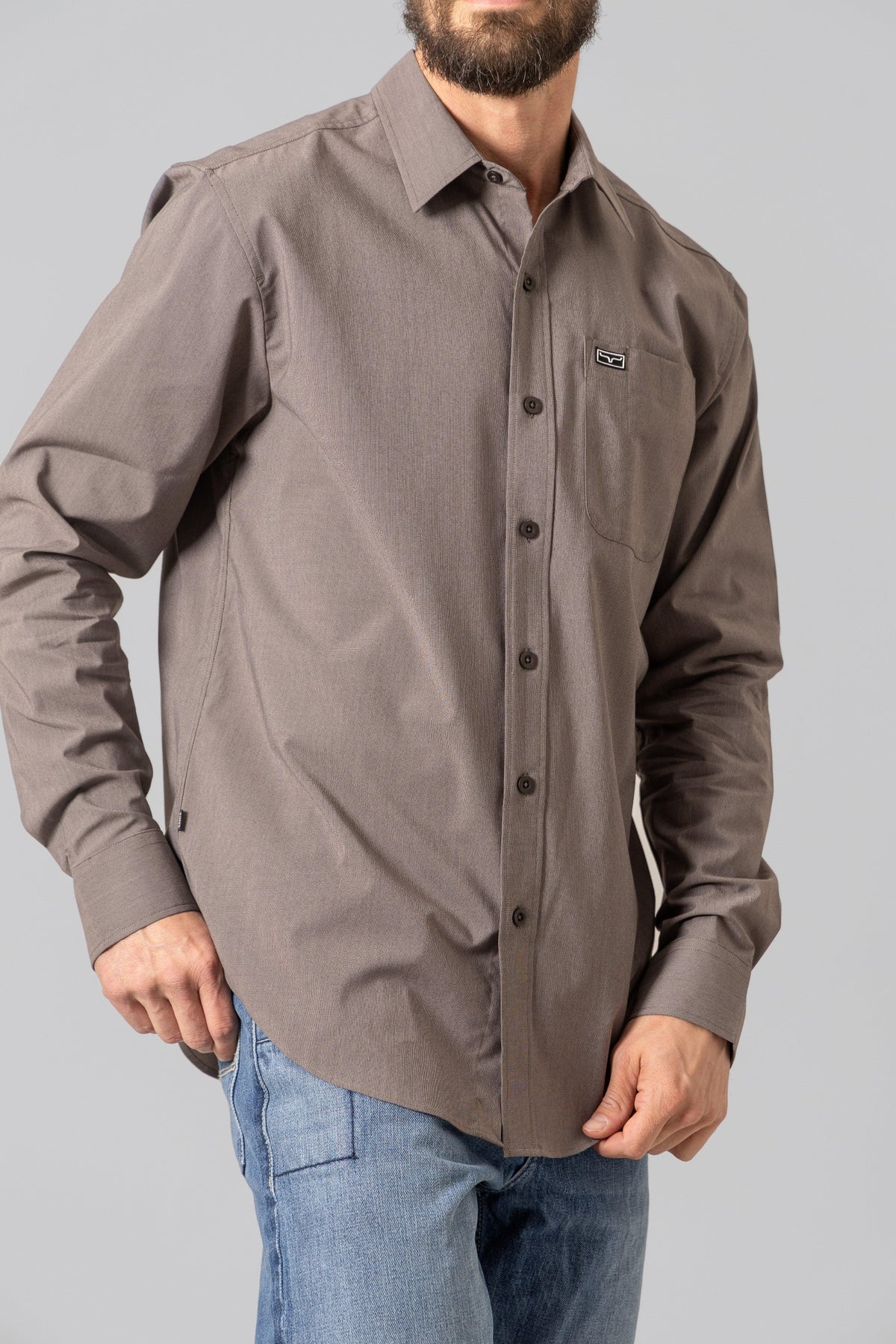 Kimes Ranch Linville Long Sleeve Dress Shirt in Brown with a chest pocket and logo
