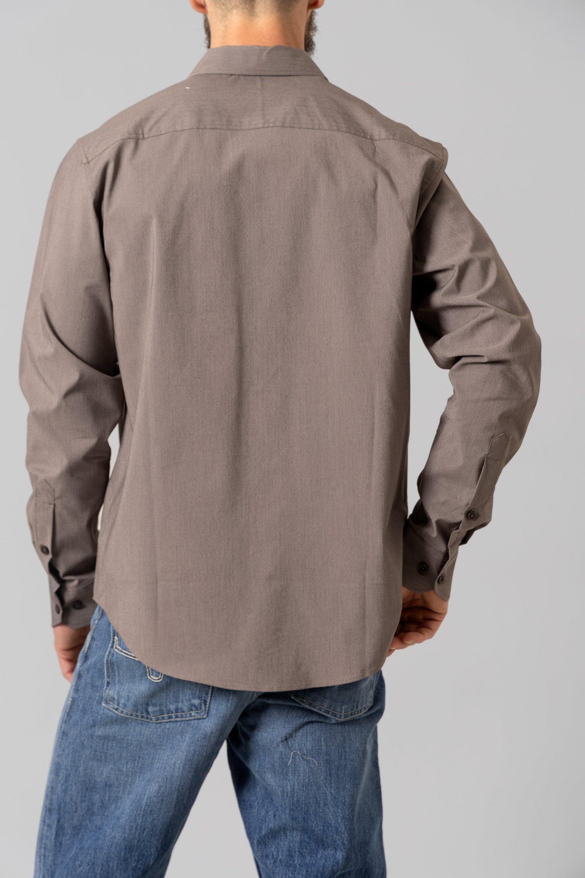 Kimes Ranch Linville Long Sleeve Dress Shirt in Brown, back view, with a back yoke and button cuffs