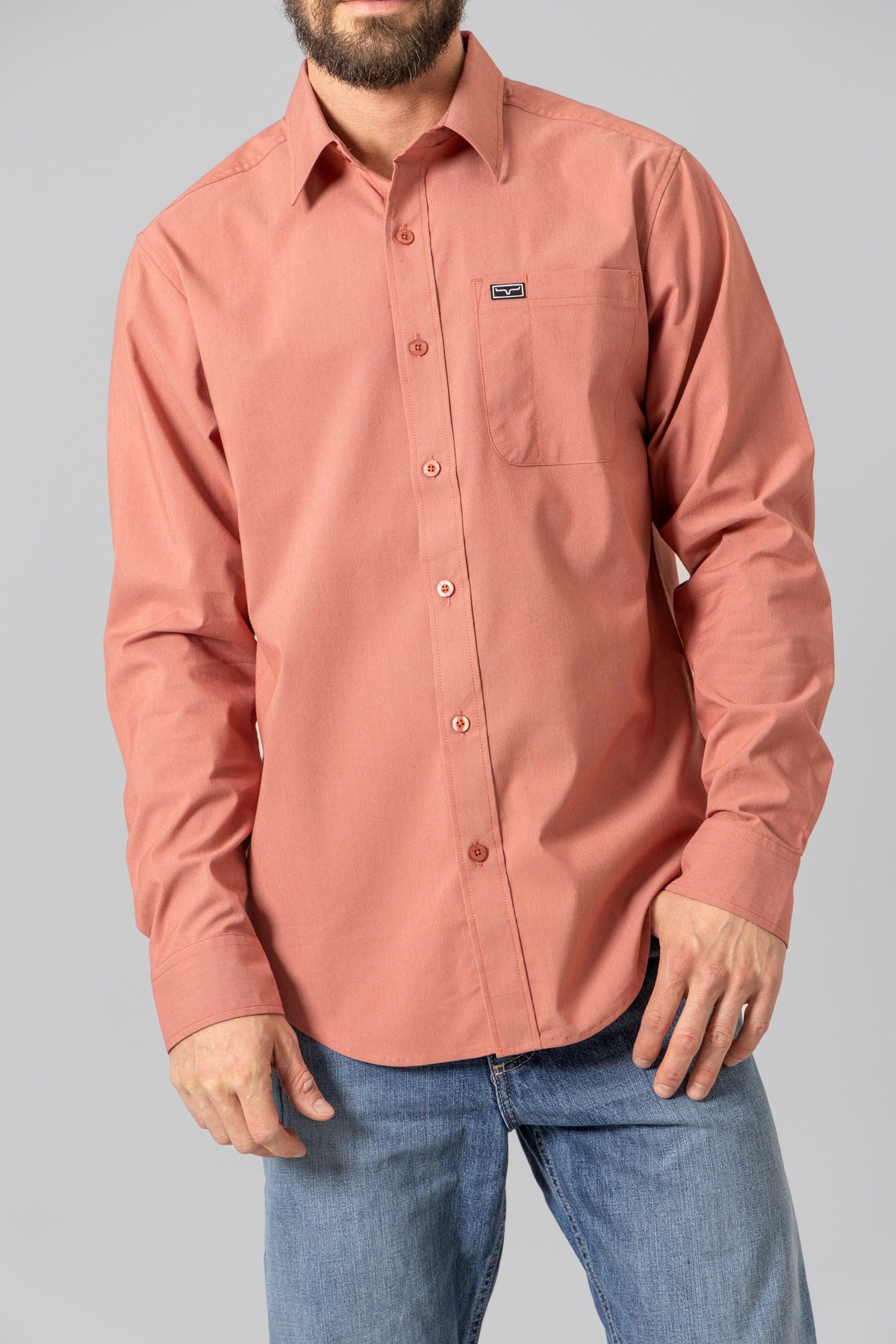 Kimes Ranch Linville Long Sleeve Dress Shirt in Red with a front pocket and logo patch