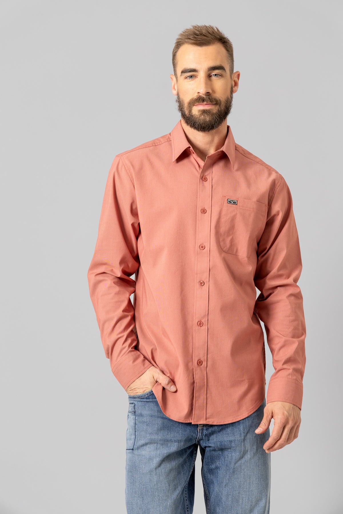 Kimes Ranch Linville Long Sleeve Dress Shirt in Red with a chest pocket and logo