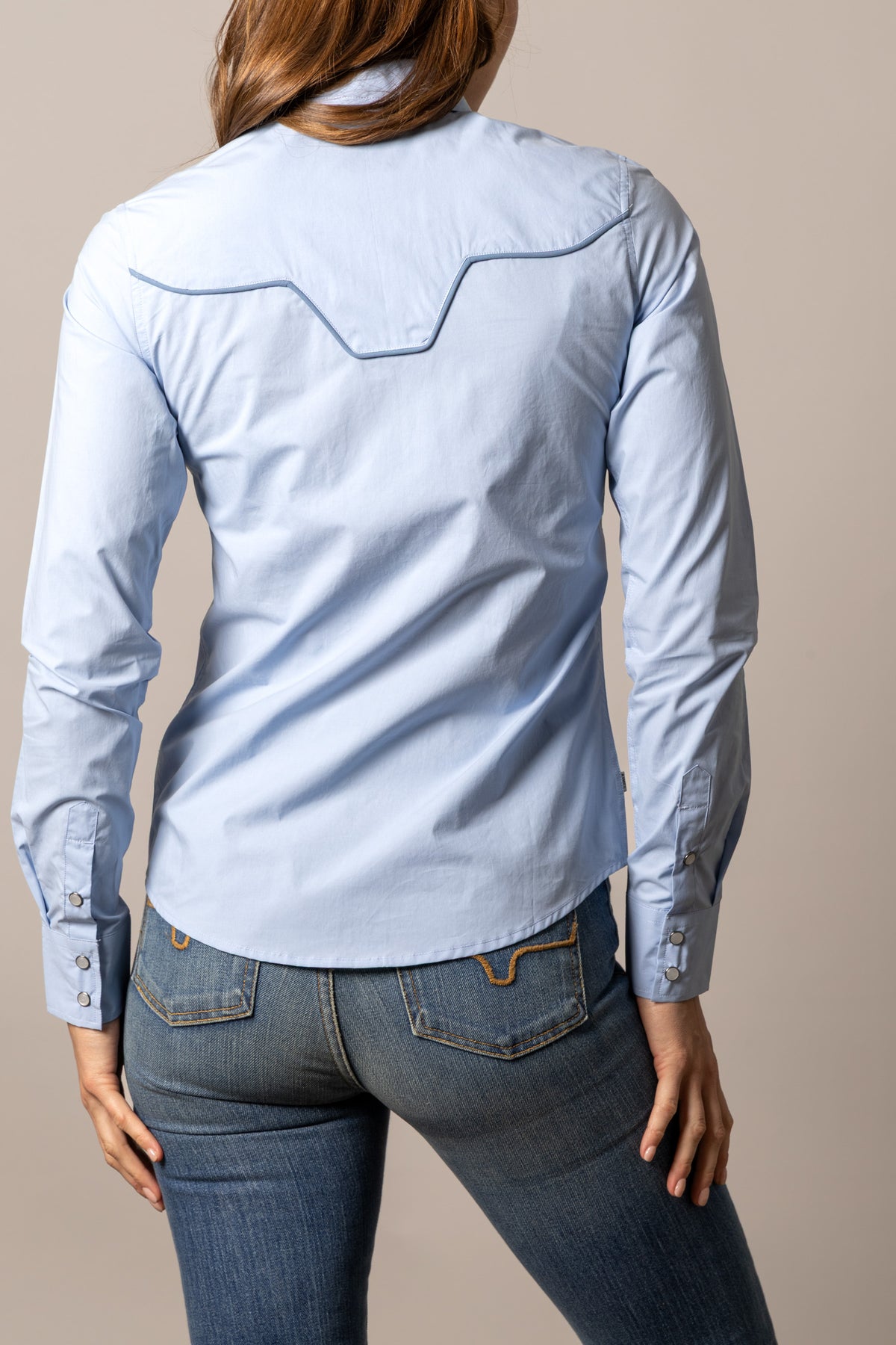 Kimes Ranch Logo Horn Blouse in Light Blue, back view, with a back yoke and contrast stitching