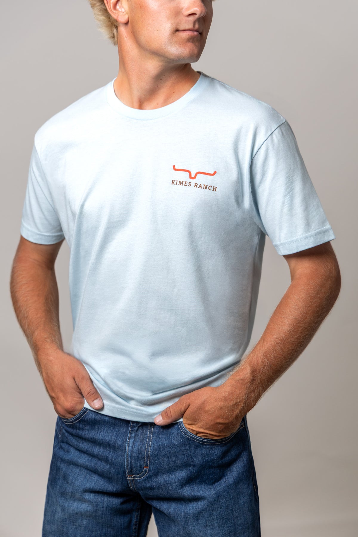 Kimes Ranch Long Live shirt in Light Blue with a chest logo