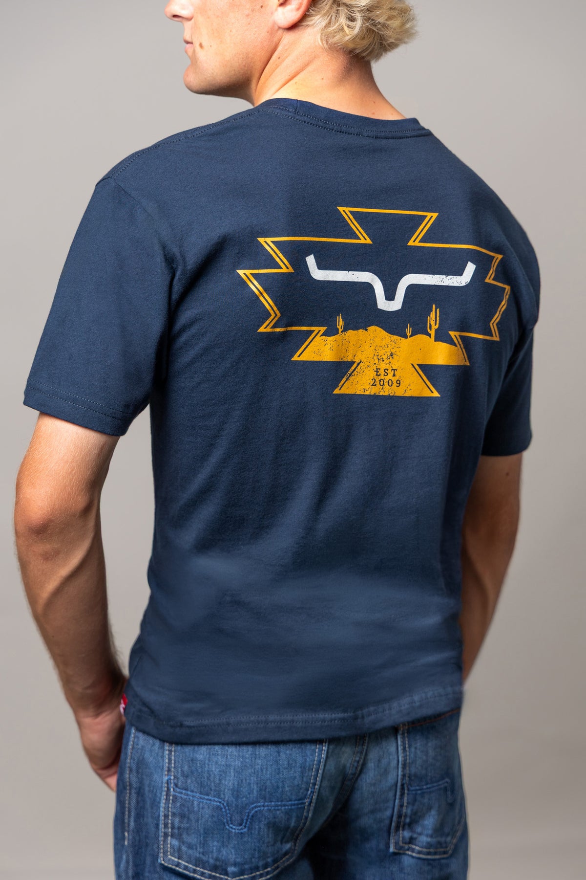 Kimes Ranch Long Live shirt in Midnight Navy, back view, with a back graphic featuring the Kimes Ranch logo and EST 2009