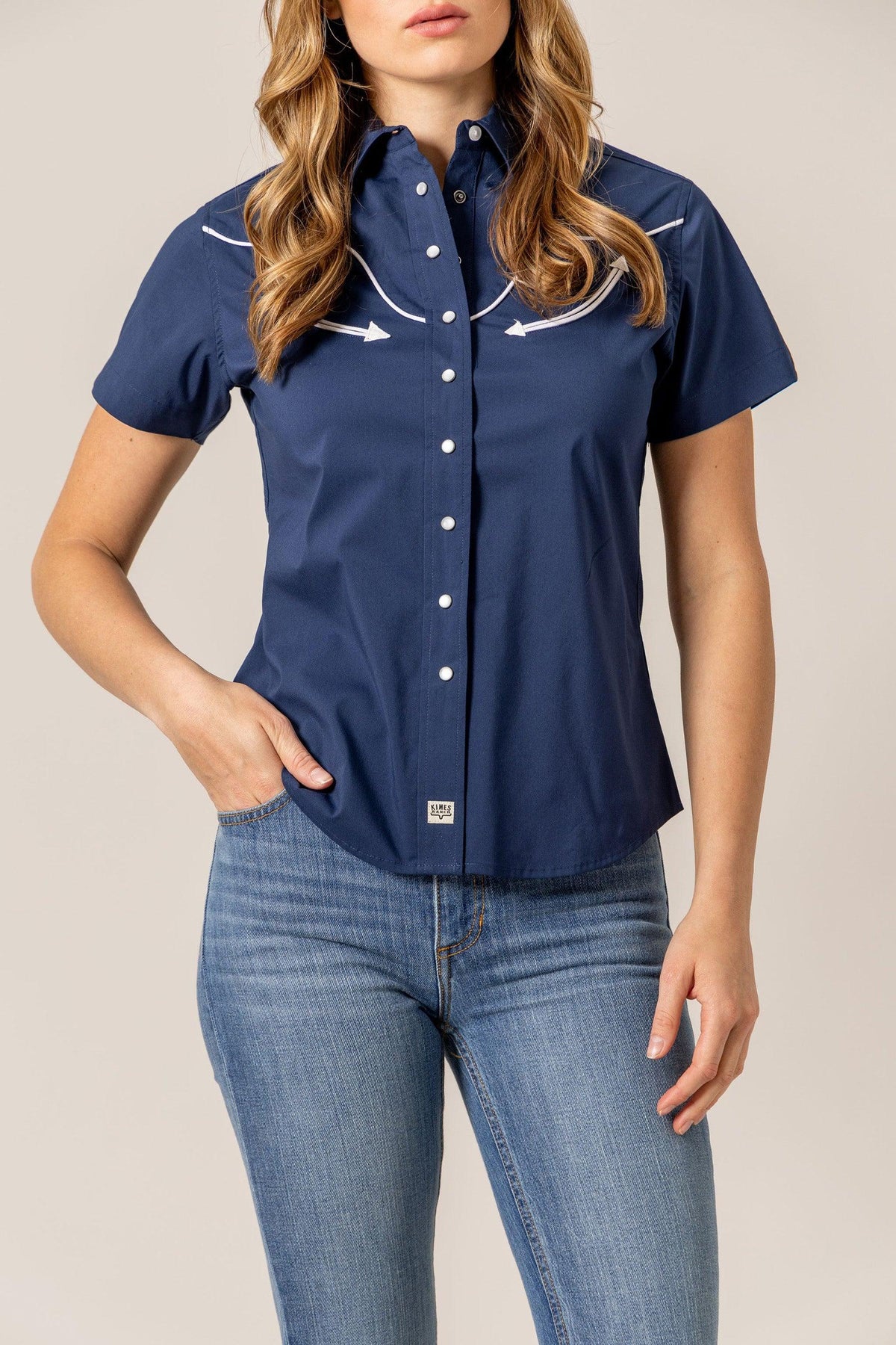 Kimes Ranch Logo Horn Snap top in Navy with white piping and arrow accents
