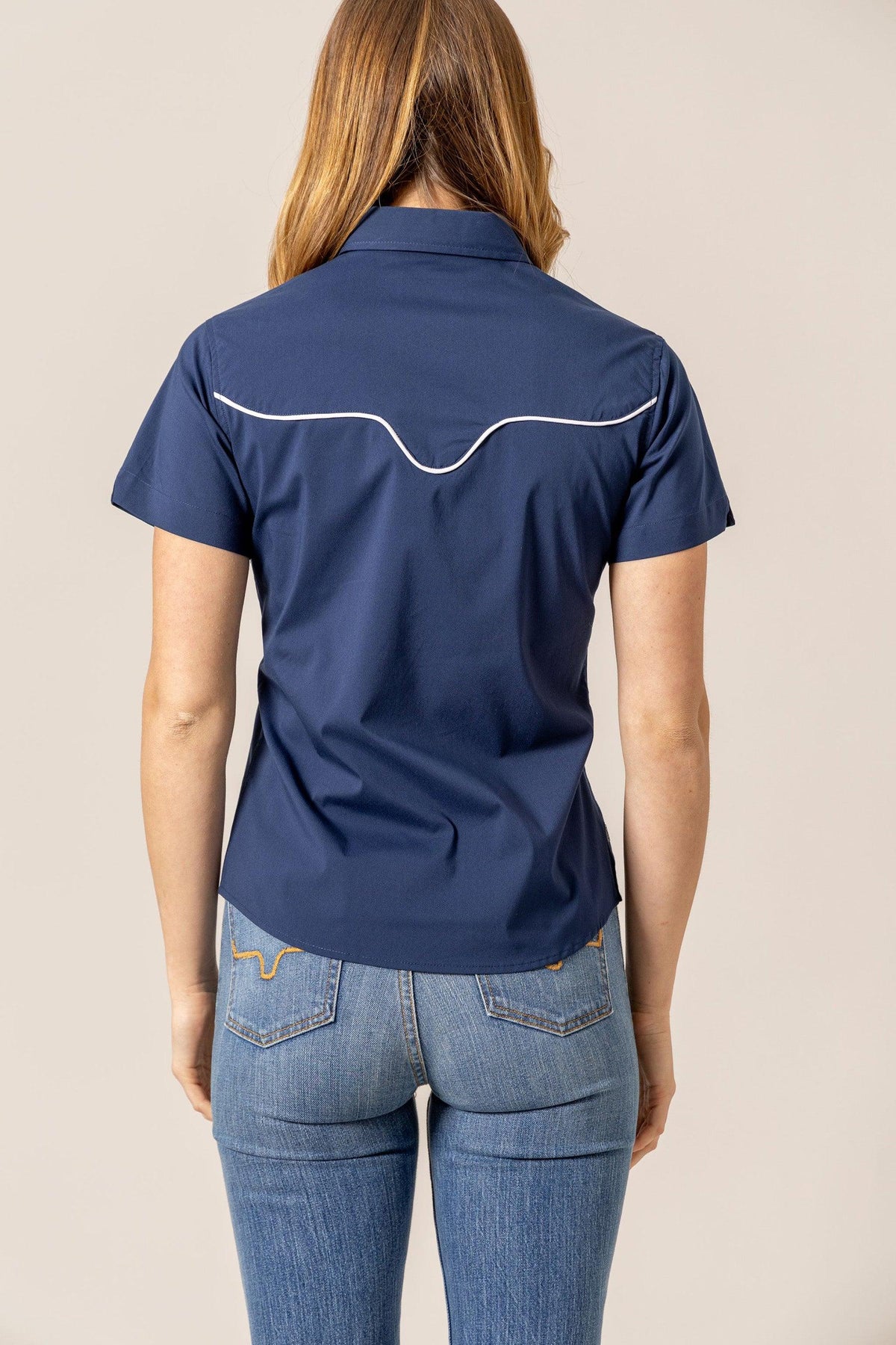Kimes Ranch Logo Horn Snap top in Navy, back view, with short sleeves and a white yoke detail