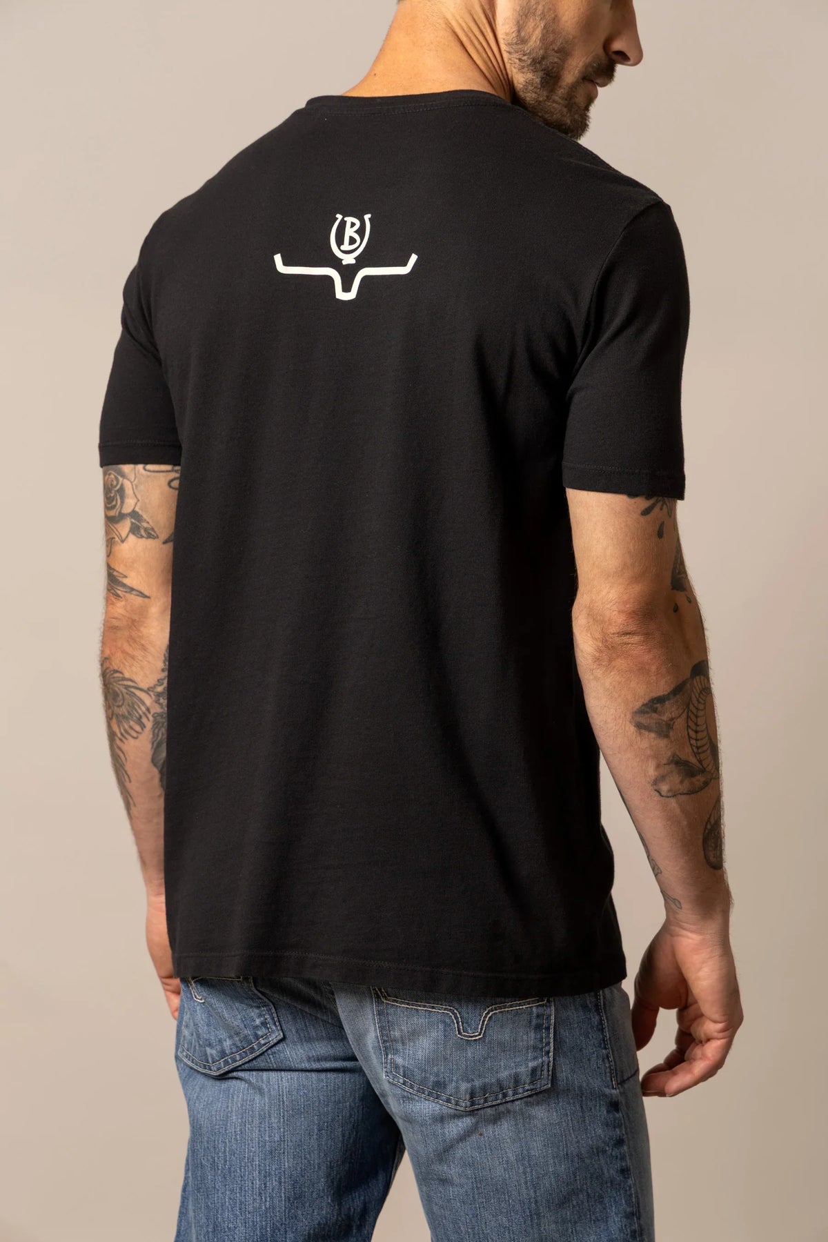 Kimes Ranch Lucky B Truck shirt in Black, back view, with the Kimes Ranch logo on the back