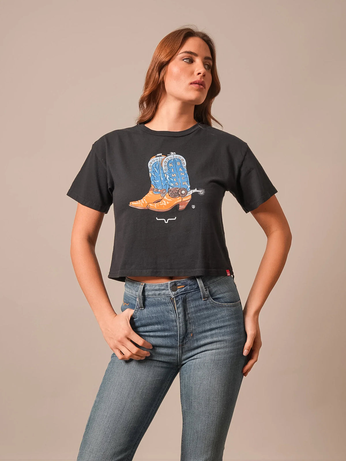 Kimes Ranch Lucky B Boots For Walkin' Black shirt with graphic of blue and orange cowboy boots with Kimes Ranch logo