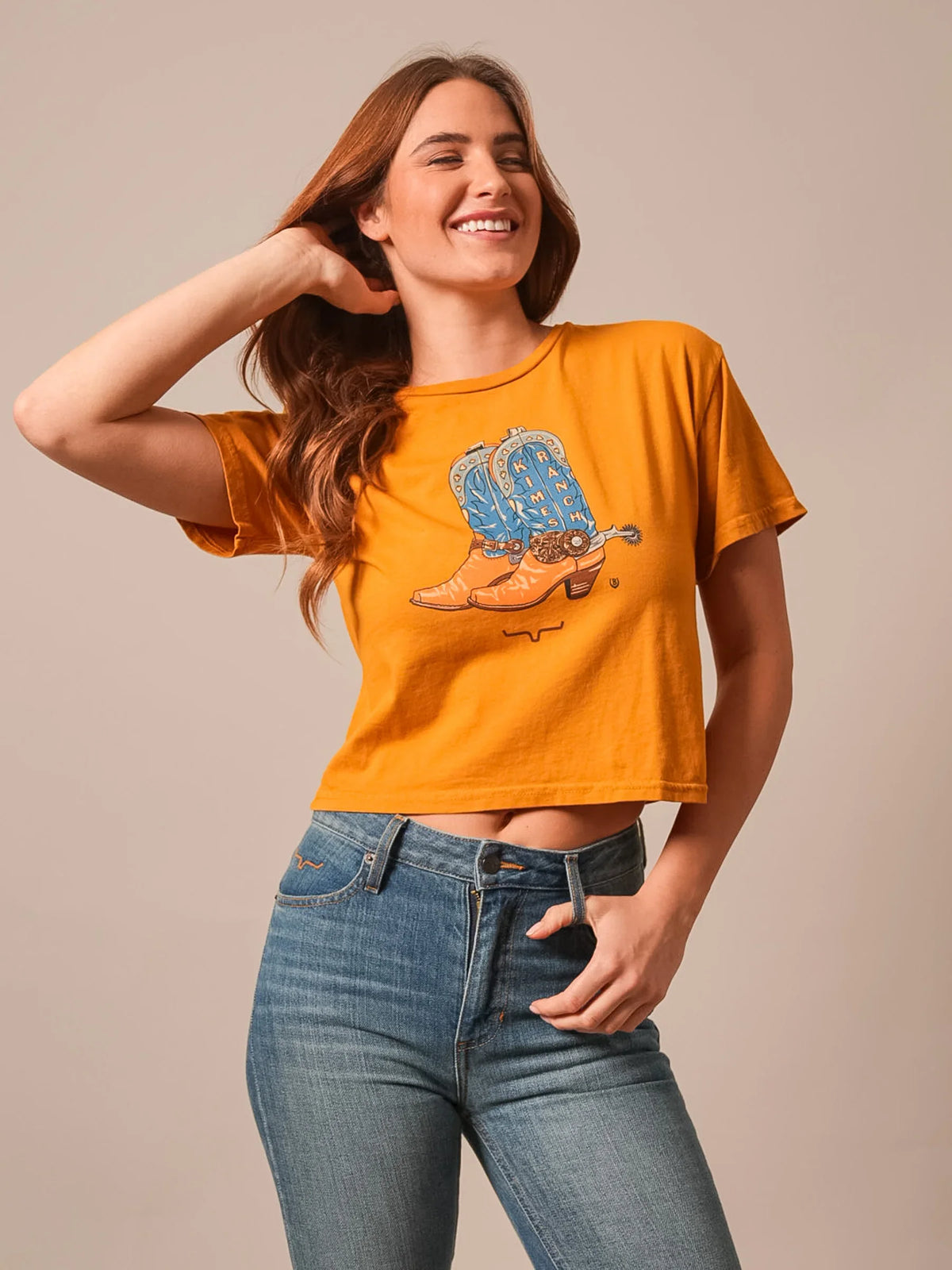 Kimes Ranch Lucky B Boots For Walkin' shirt in Gold with a graphic of blue and orange cowboy boots and the Kimes Ranch logo