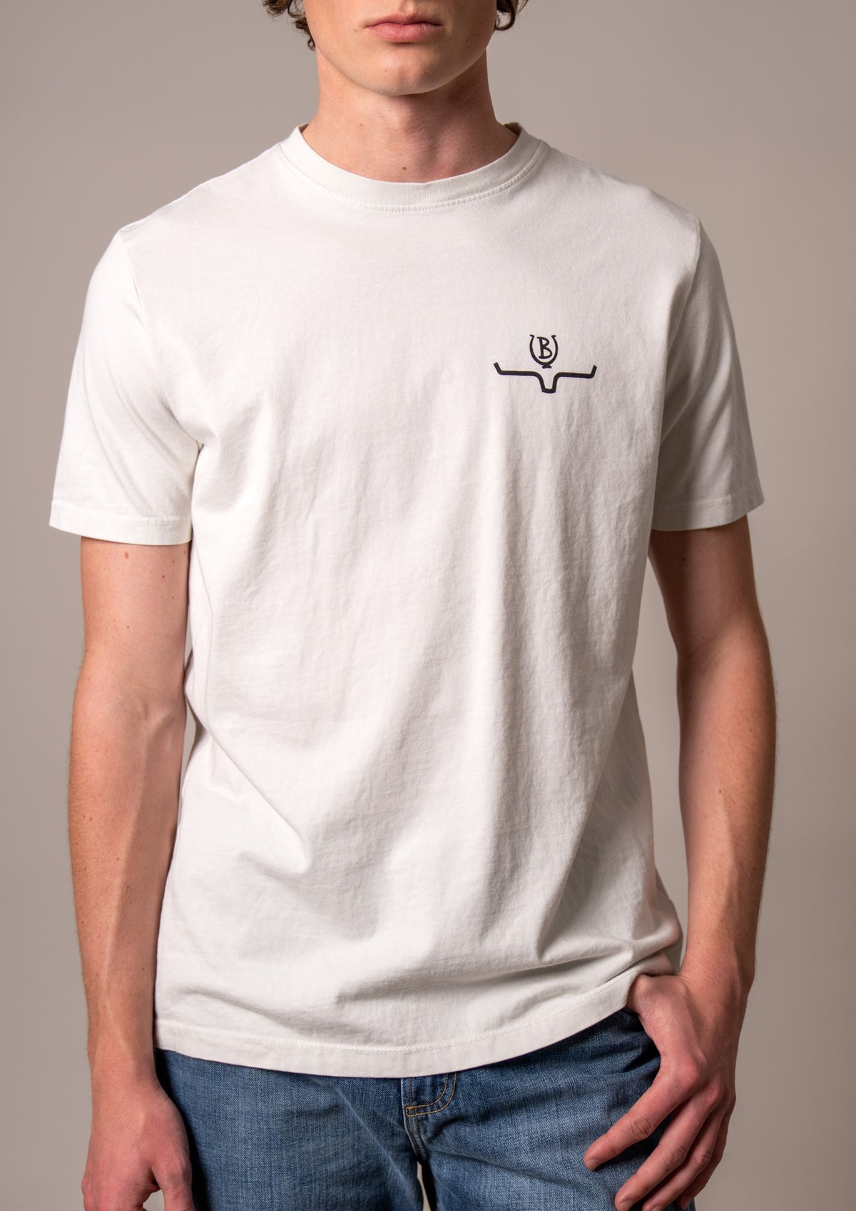 Kimes Ranch Lucky B Bucking shirt in Natural with a crew neck and a small embroidered logo on the chest