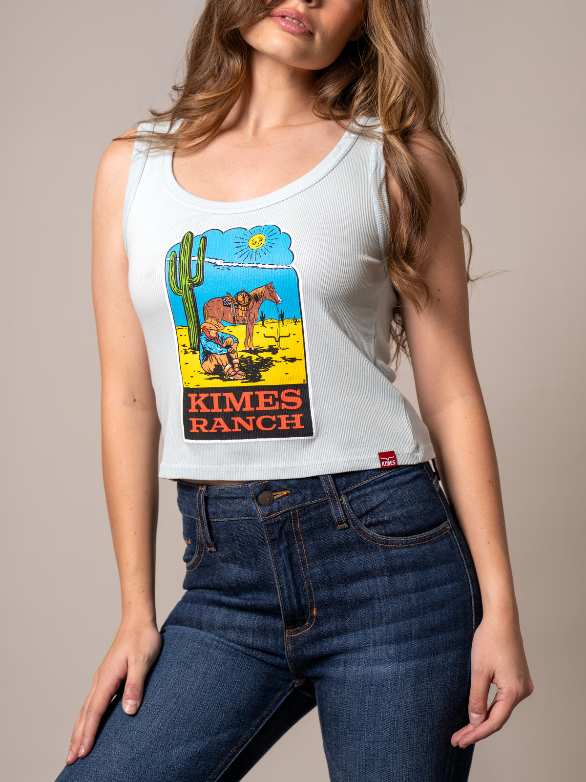 Kimes Ranch Lucky B Dusty Path Ice Blue ribbed tank with cowboy, horse, cactus graphic and KIMES RANCH text