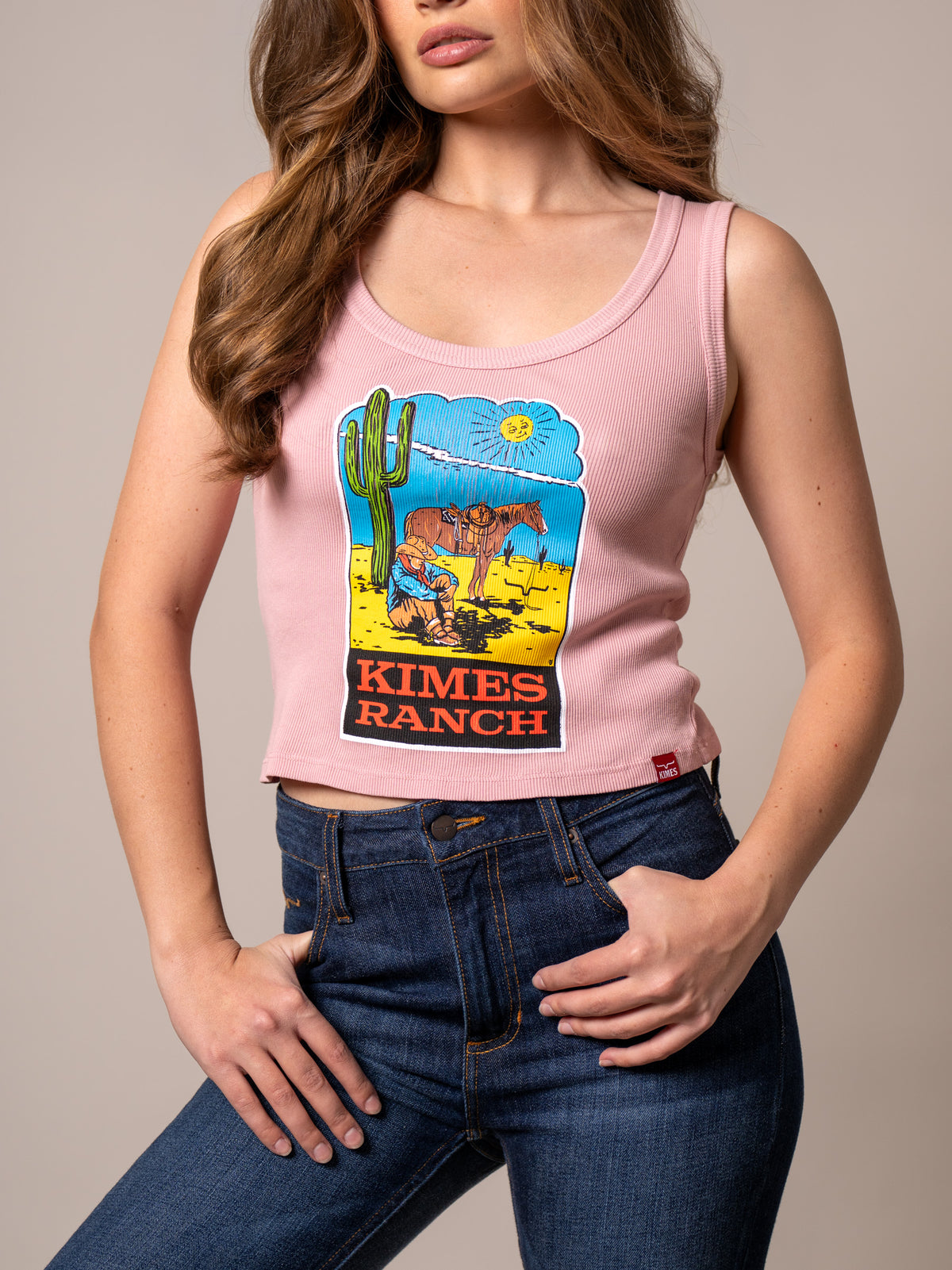 Kimes Ranch Lucky B Dusty Path Light Pink ribbed tank top with a western graphic print and Kimes Ranch logo