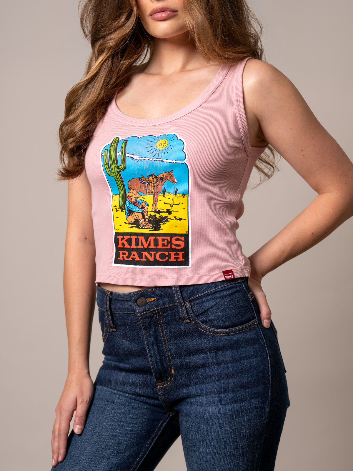 Kimes Ranch Lucky B Dusty Path Light Pink ribbed tank with western graphic of cowboy, horse, and cactus