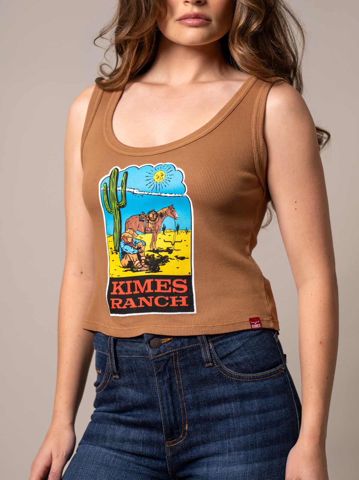 Kimes Ranch Lucky B Dusty Path Tobacco ribbed tank top with a western graphic of a cowboy and horse with Kimes Ranch logo