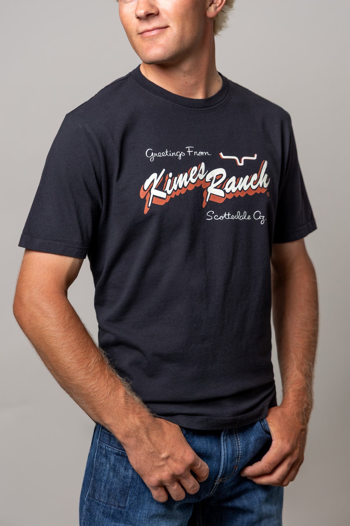 Kimes Ranch Lucky B Greetings shirt in Black with a vintage script graphic and Scottsdale Az text